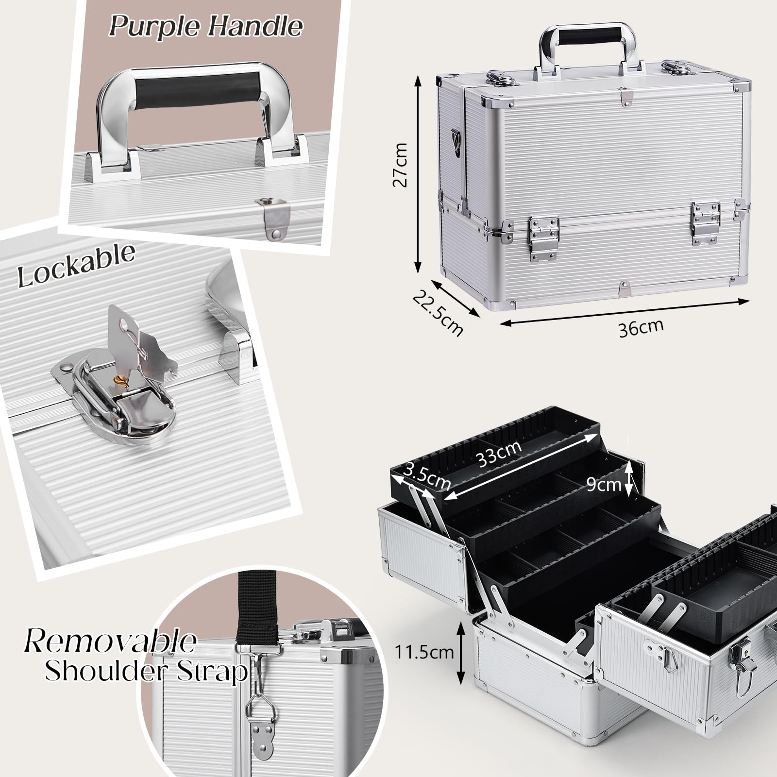 Joligrace Makeup Case Nail Case Vanity Case Professional Makeup Storage Boxes Manicure Jewellery Cosmetic Box Organizer with Shoulder Strap Beauty Travel Case Silver - 4