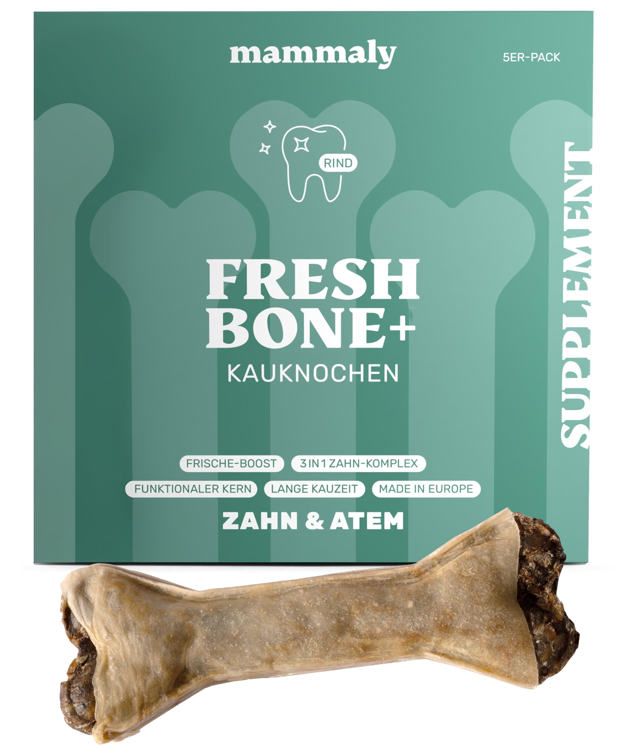 4-in-1 Zahnpflege-Kauknochen - Fresh Bone+ 5X Kauartikel (12cm) von mammaly - Kaustange aus Rinderhaut mit Salbei, Minze & Grüner Tee u.v.m. zur Mundhygiene - Kauspielzeug / -Knochen gegen Mundgeruch