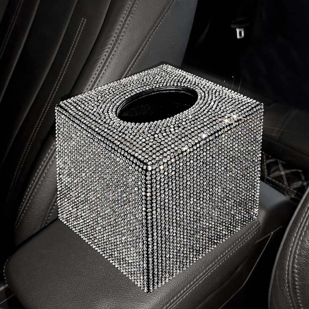 Bling Tissue Holder with Crystal Rhinestone Square Tissue Storage Box Fashion Tissue Container Glitter Diamond Tissue Organizer Facial Napkin Dispenser for Car Home Bedroom Dresser Night Stands