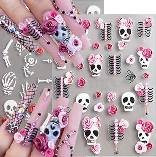 2 Sheets Halloween Nail Stickers for Nail Art 5D Embossed Rose Skull Nail Art Stickers Decals Self-Adhesive Gothic Hand Bones Nails Design Stickers Cartoon Cute Little Skull for Women Manicure Decor