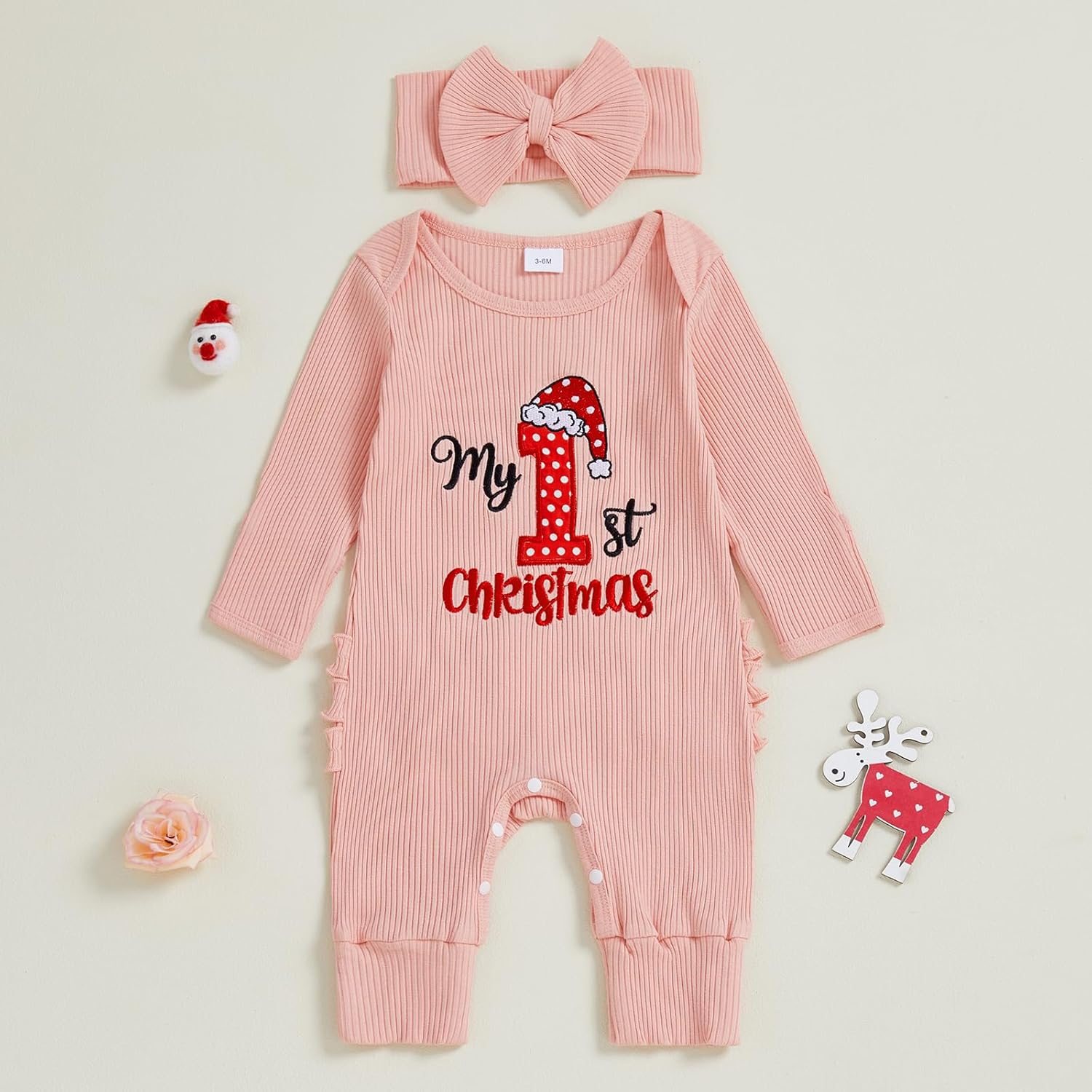 Dcohmch My First Christmas Baby Girl Outfit Fashionable Jumpsuit Embroidery Long Sleeve Romper + Headband Newborn Clothes - Image 2