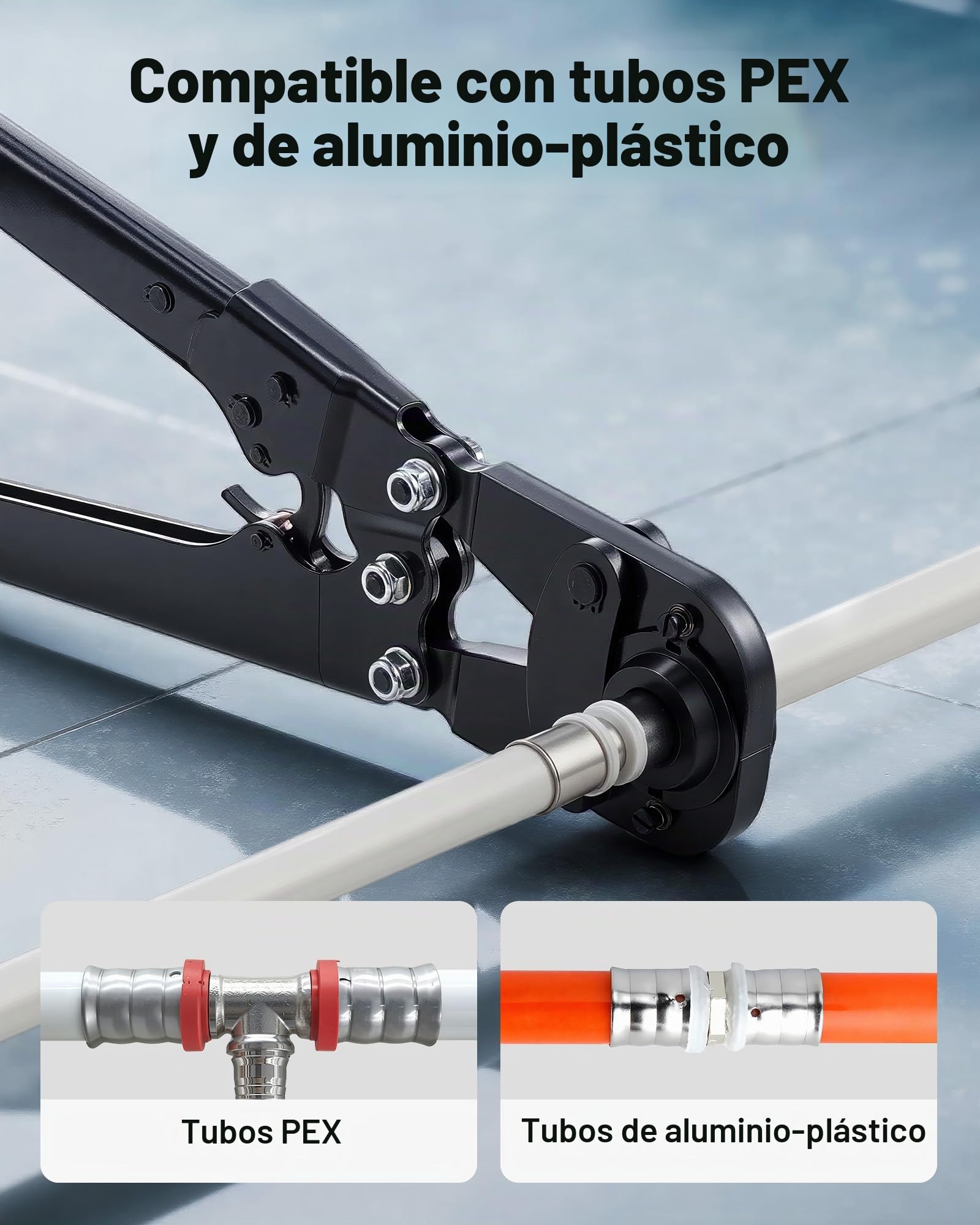 VEVOR Alicates Prensadores de Tuberías, Herramienta de Prensa para Tubos de PEX y Aluminio-plástico, con 5 Mordazas TH12 TH16 TH20 TH26 TH32 y Estuche, para Reparaciones, Instalaciones de Fontanería