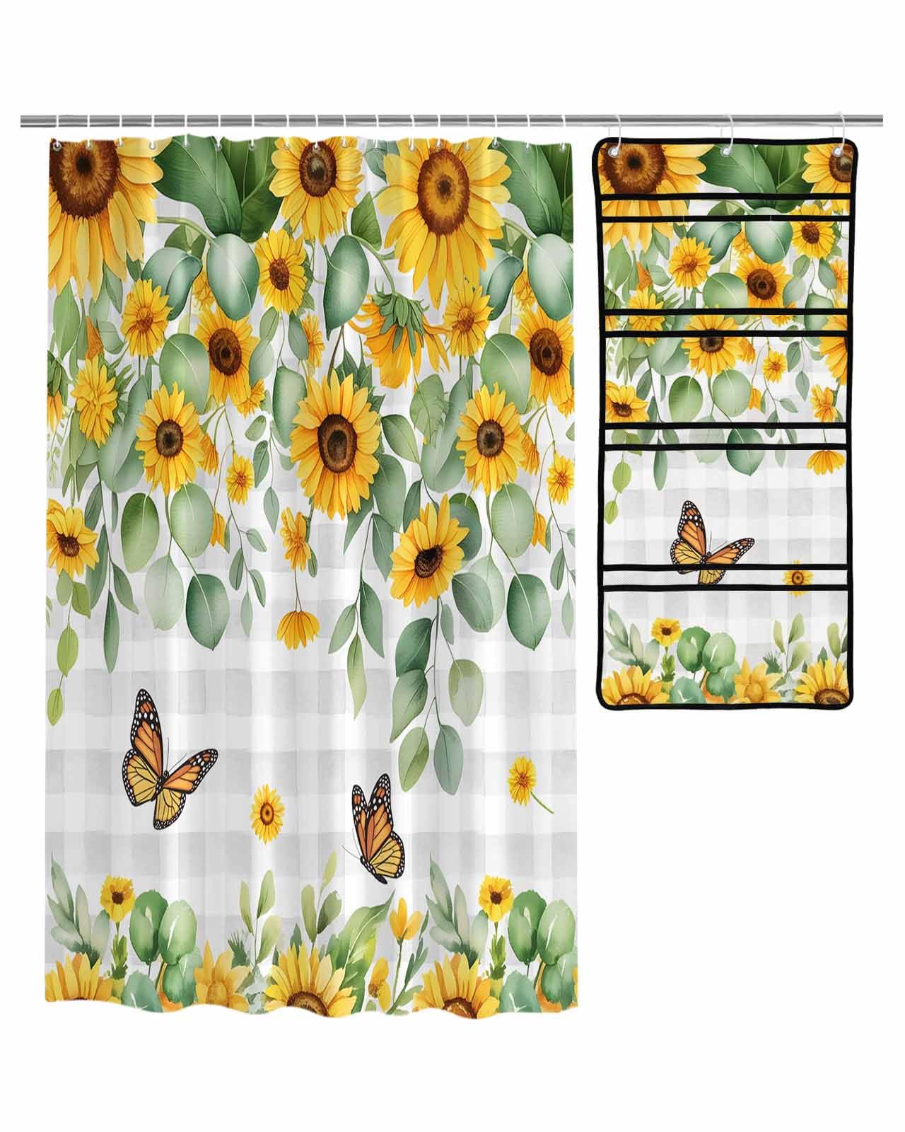 Decorative Shower Curtain Sets Country Polyester Fabric Waterproof Bath Shower Curtains Sunflowers Eucalyptus Leaves Grey Plaid Mesh Shower