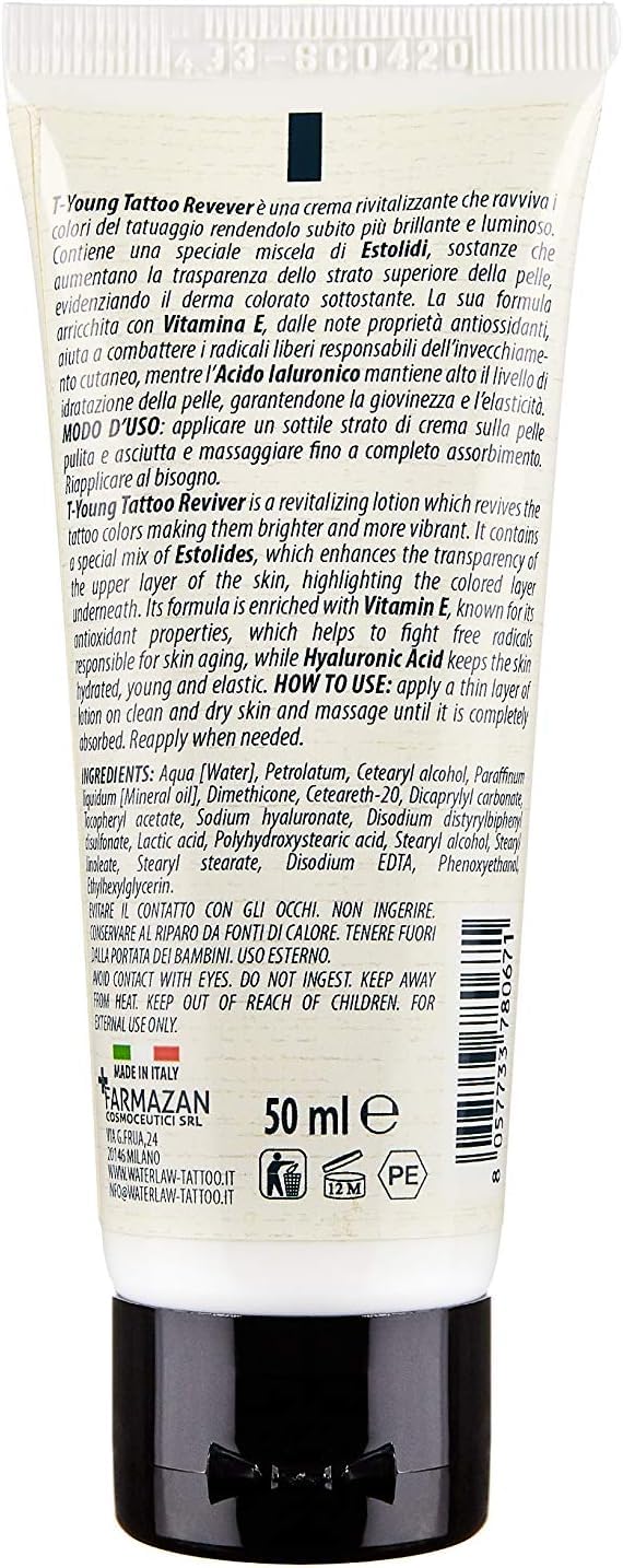 Water Law Tattoo - T-YOUNG TATTOO REVIVER - Nawilżający i rewitalizujący balsam do tatuażu - witamina E i kwas hialuronowy - 50 ml - Wyprodukowano we Włoszech
