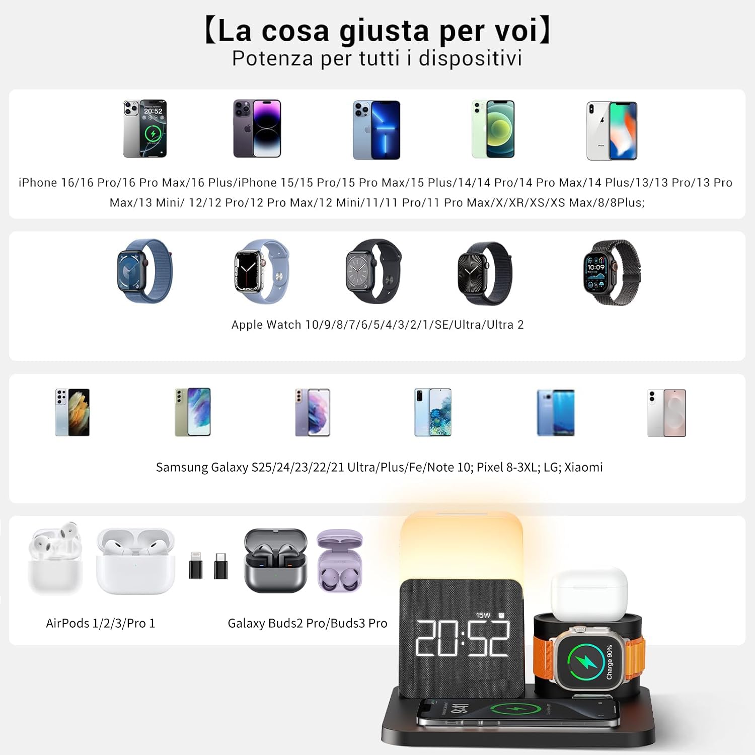 【2025 Upgrade】3 in 1 Caricatore Wireless iPhone Apple Watch AirPods, Caricabatterie per Samsung, Lampada da comodino touch, senza fili, 3 funzioni, sveglia, stazione di ricarica 16/15/14/13 accessori