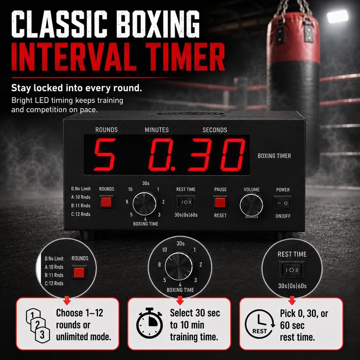 Timer portatile a intervalli di boxe, display a LED, 1-12 o giri illimitati