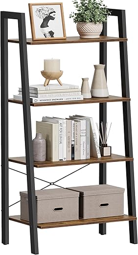 VASAGLE Ladder Shelf, 4-Tier Bookshelf, Storage Rack, Bookcase with Steel Frame, for Living Room, Home Office, Kitchen, Bedroom, Industrial Style, Rustic Brown and Black ULLS44X