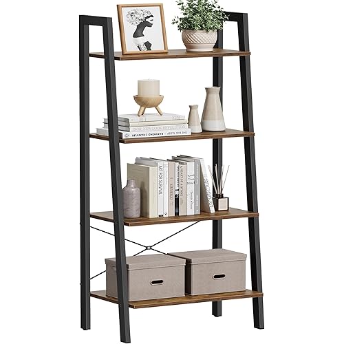 VASAGLE Ladder Shelf, 4-Tier Bookshelf, Storage Rack, Bookcase with Steel Frame, for Living Room, Home Office, Kitchen, Bedroom, Industrial Style, Rustic Brown and Ink Black ULLS44X