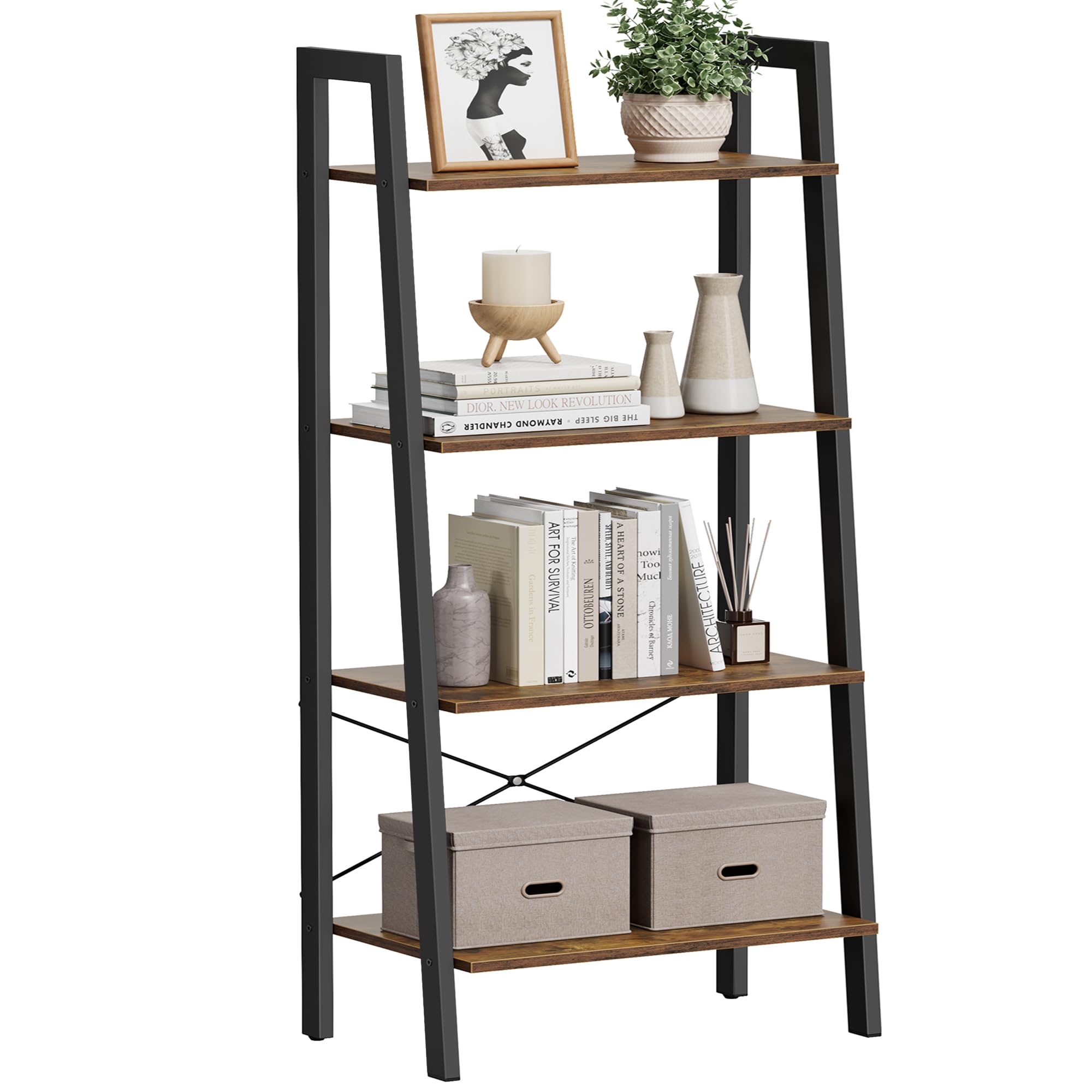 Vasagle Industrial Ladder Shelf, 4 Tier Bookshelf, Storage Rack Shelves, Bathroom, Living Room, Wood Look Accent Furniture, Metal Frame, Ulls44X, Rustic Brown + Black