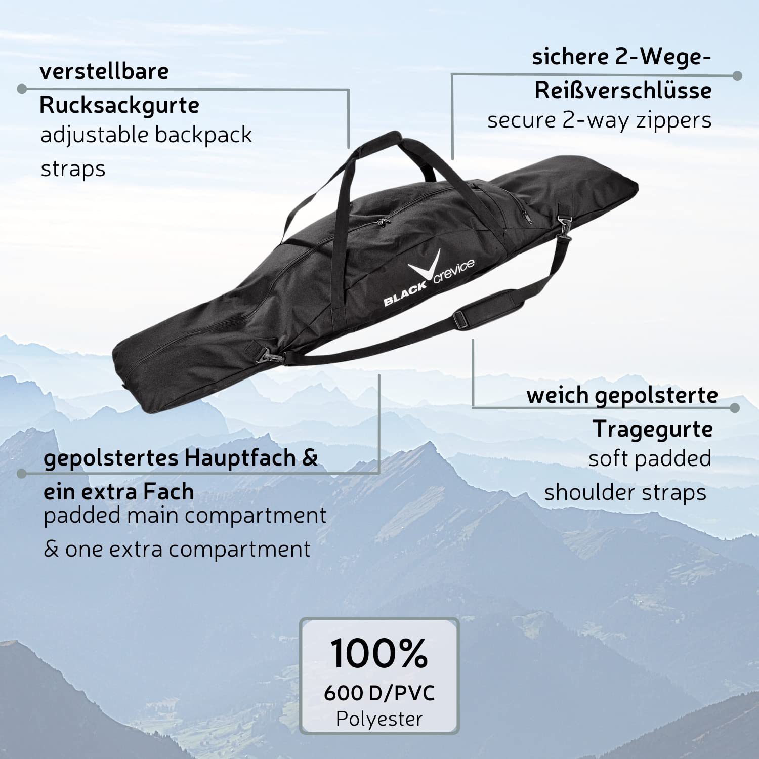 Black Crevice Sac de Snowboard Powder I Sac de snowboard avec poche extérieure supplémentaire I Sac robuste avec bandoulière rembourrée et poignée I Sac à dos pour snowboard I 160x20x20 cm