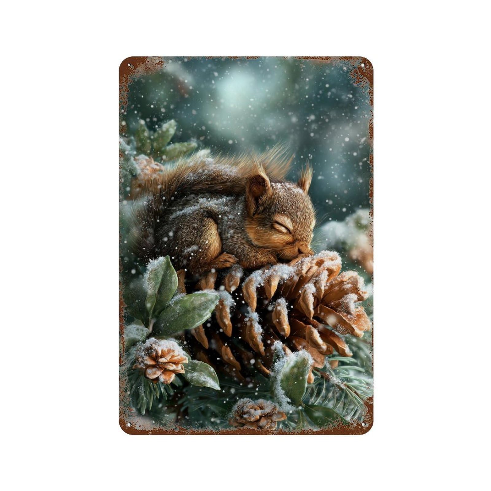 Rusty Metal Tin Sign Winter Squirrel Resting-1 11.8"x7.9", Rustic Home Decor for Shed, Workshop And Garage Wall Decor