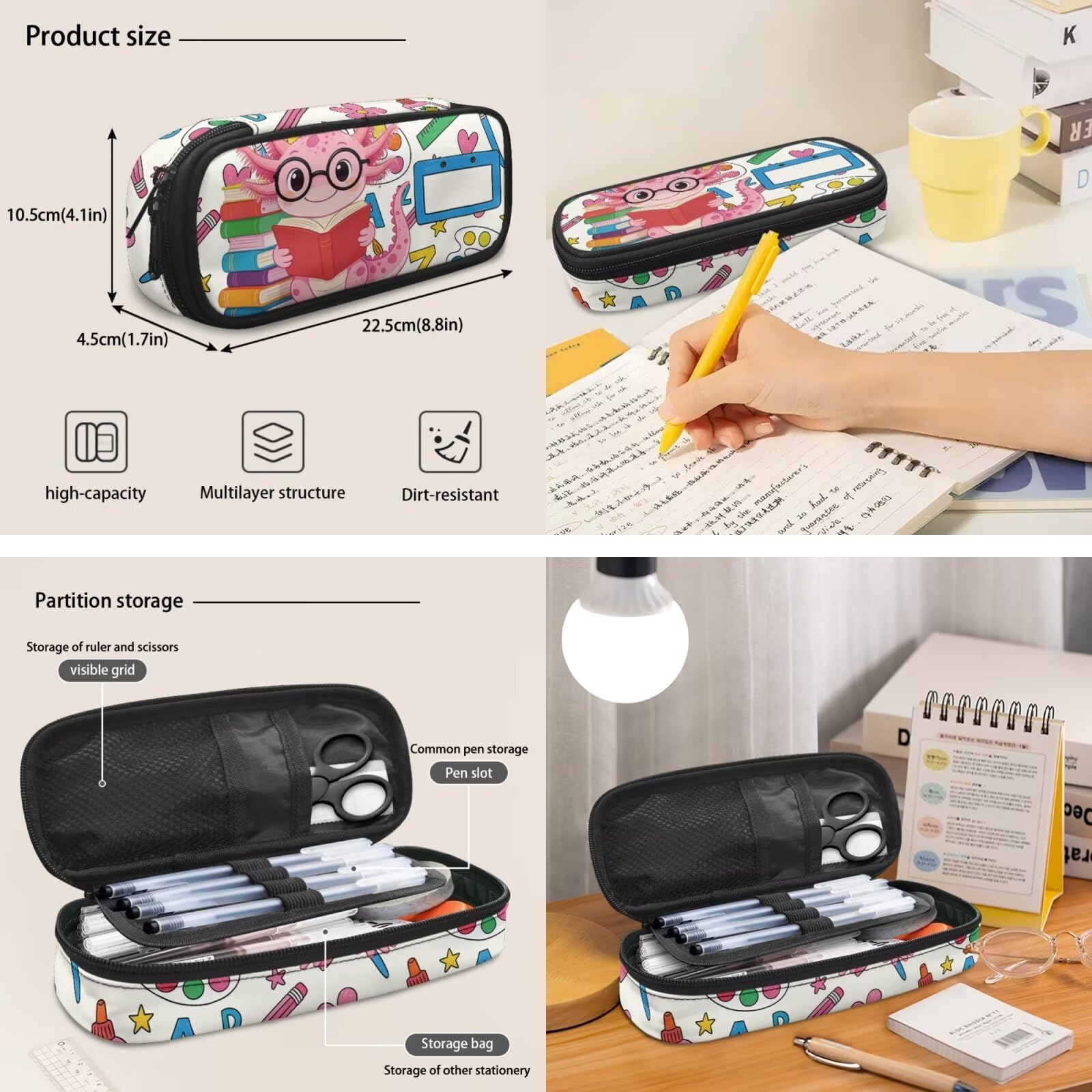 COEQINE Niedlicher Rucksack für Kinder, Schultasche, 5-teiliges Büchertaschen-Set mit Lunchbox, Federmäppchen, Schlüsselanhänger für Teenager von 6–12 Jahren, Axolotl Buntes Schulbuch, M, Designer