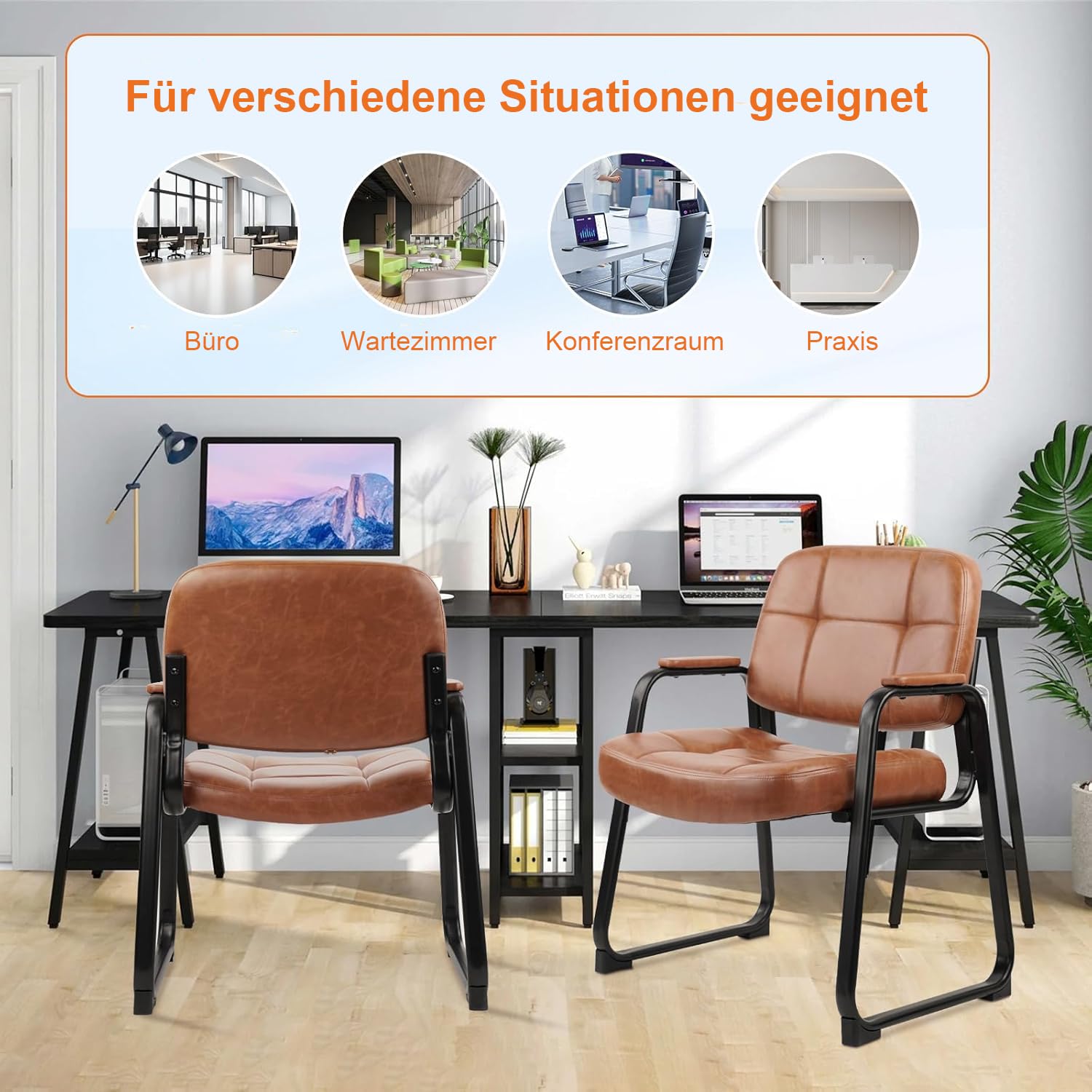 CLATINA Großer Wartezimmersessel Bequemer Gepolsterter Stuhl mit Armlehnen Stabile Kufenfüße ohne Räder Für Büro Empfang Praxis Gästezimmer und Wartebereich Modernes Braun 4er Set