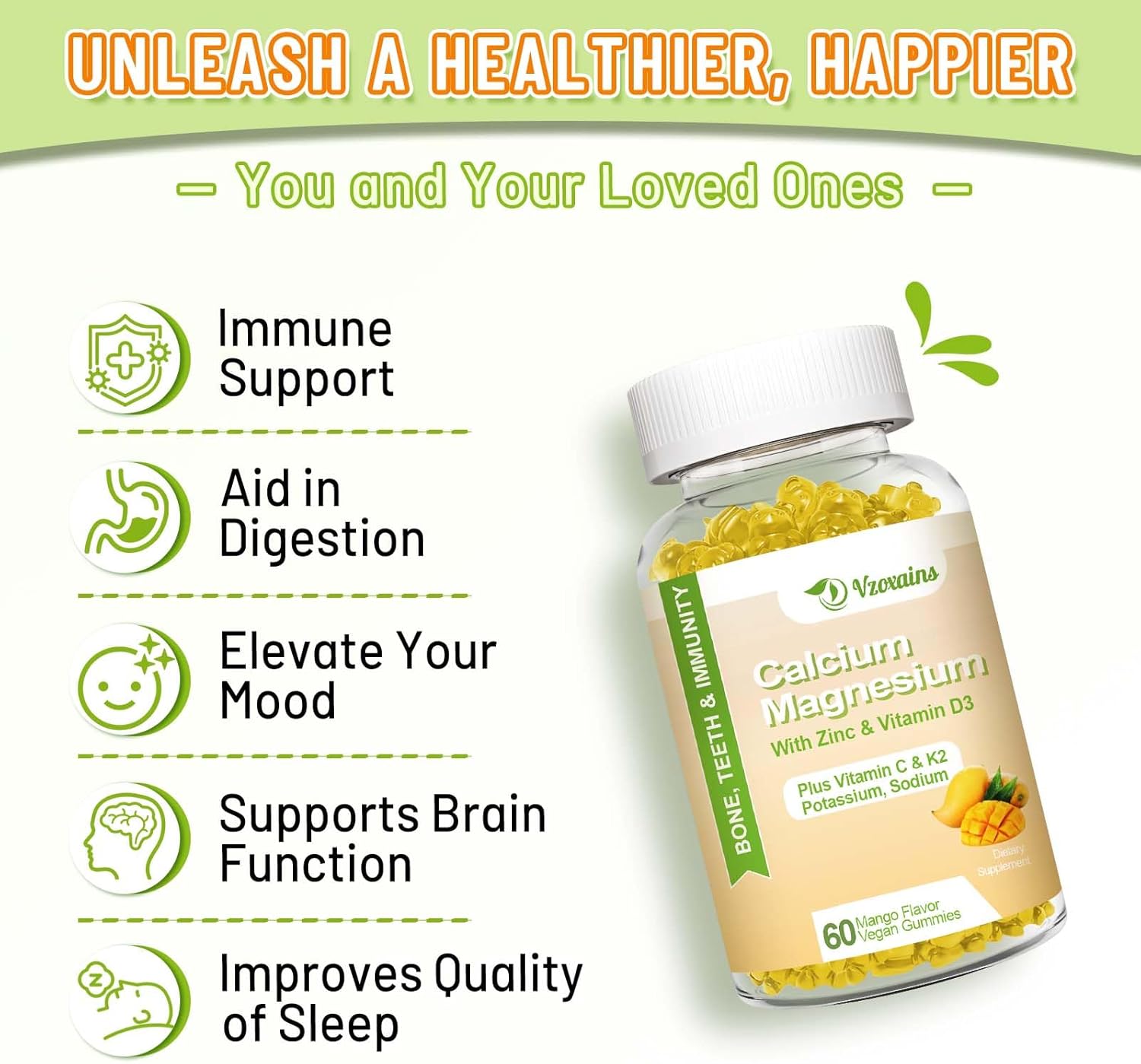 High Absorption Calcium Gummies, Calcium Magnesium Zinc with Magnesium Glycinate, Potassium, Vitamin D3 for Women & Men- Mango Flavor 120 Cts