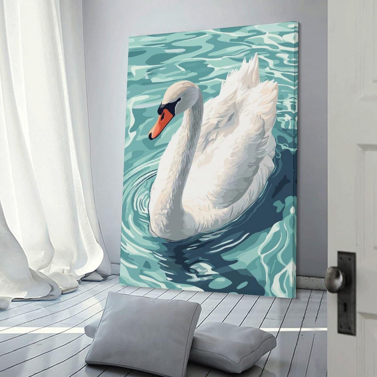Wall Art Print Elegant Swan in Teal Water, 24x36inch(60x90cm), for Home Lounge, Bedroom Or Reading Nook, Canvas Styling for A Polished Room Look