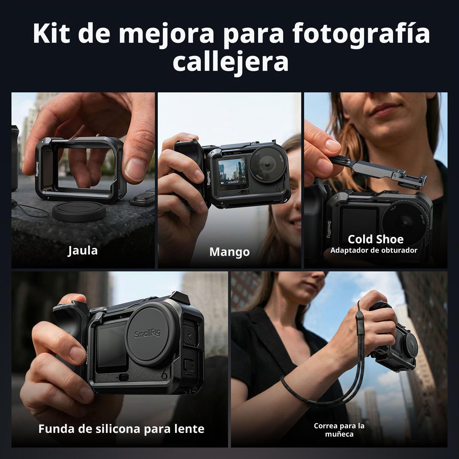 SMALLRIG Kit de mango para DJI Osmo Action 6 con jaula de metal, mango de fotografía callejera para DJI, jaula Action 6 con disparador, zapata fría, muñequera, cubierta de lente, orificio roscado 1/4