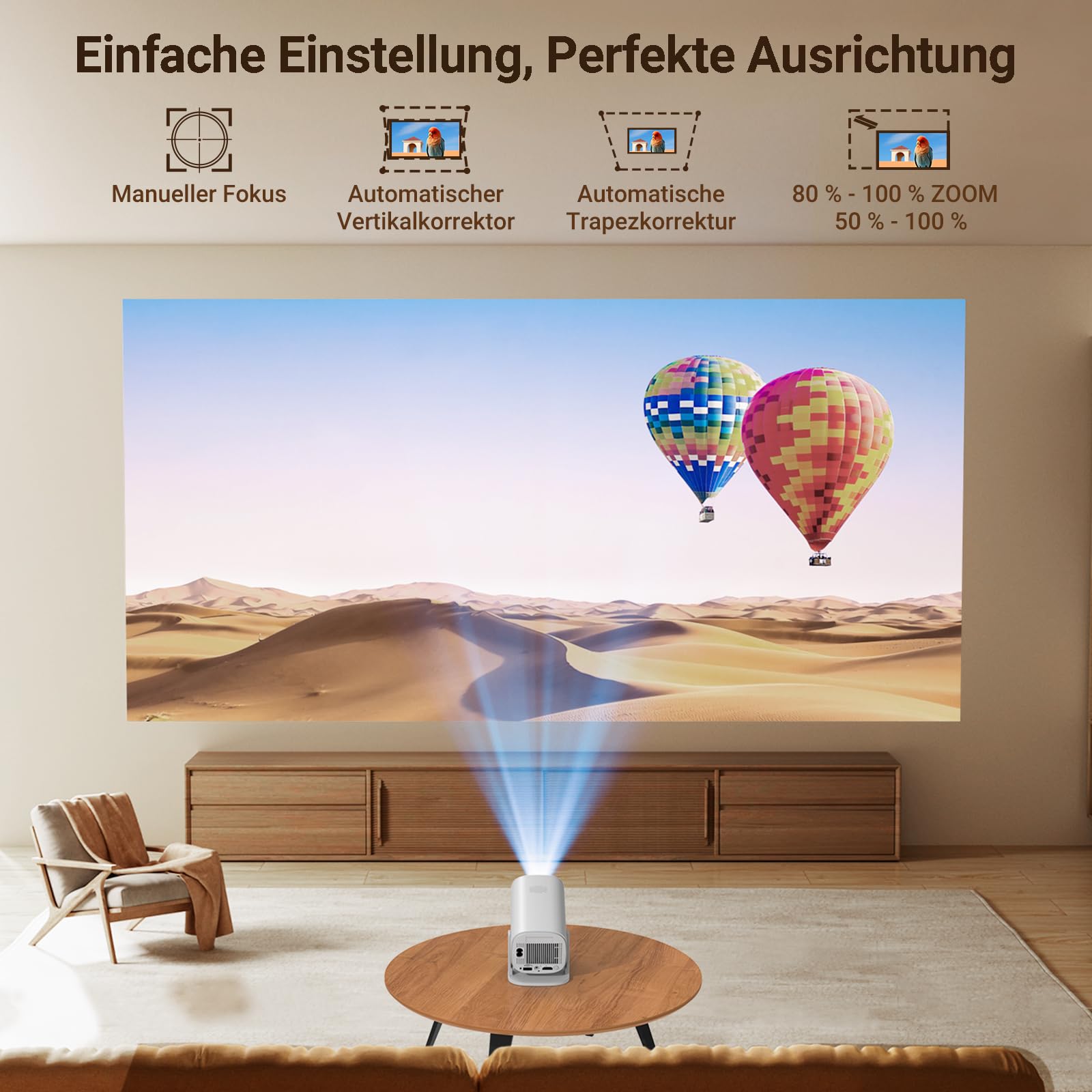 Mini Beamer Unterstützt 4K 1080P,2026 Tragbarer Smart Projektor mit WiFi 6 und BT 5, Automatische Trapezkorrektur, Mini Projektor 180° Drehung Beamer für Heimkino/Outdoor für Handy/HDMI/Laptop
