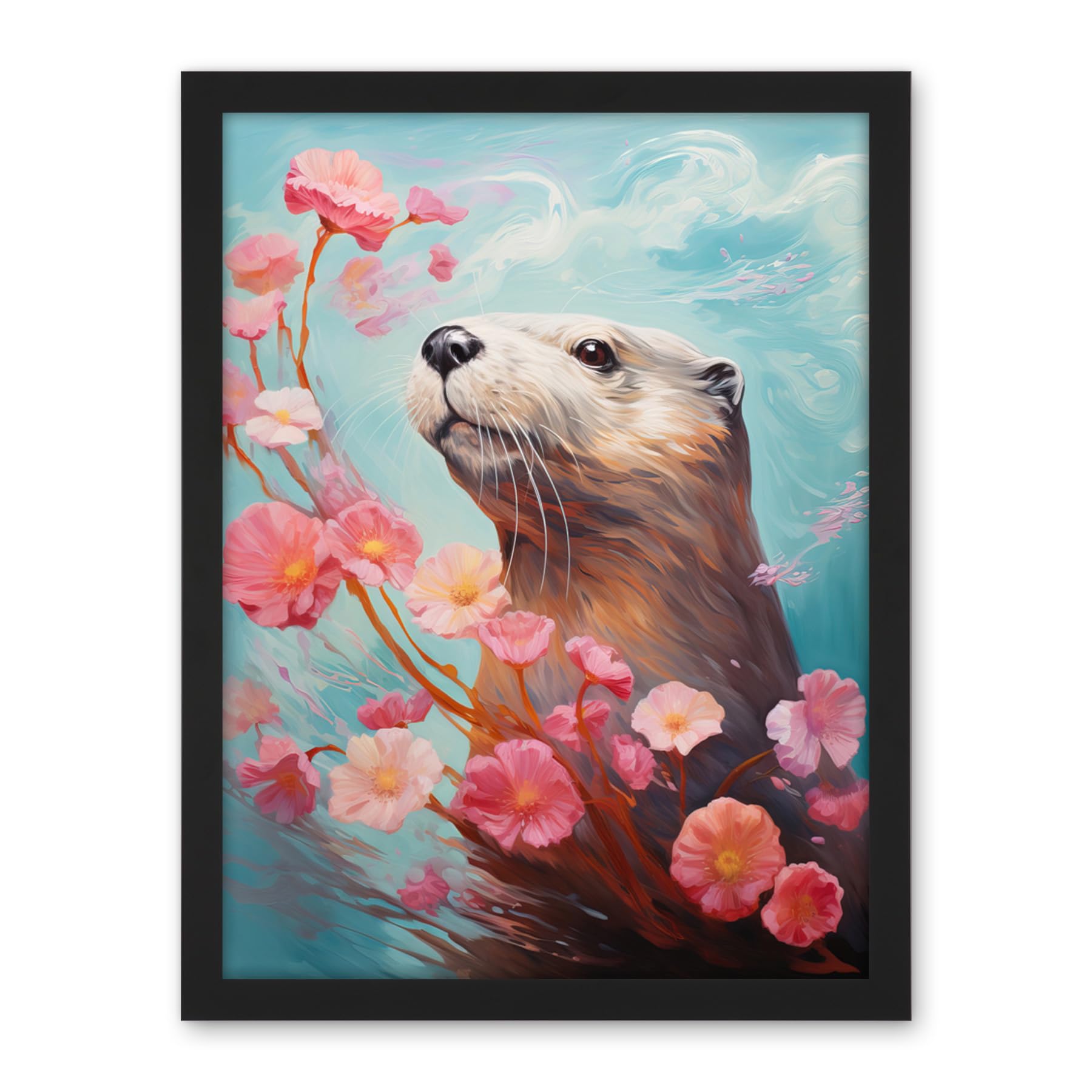 Artery8 Otter with a Pink Cherry Blossom Branch Elegant Oil Painting Floating on Lake Water with Flowers Artwork Framed Wall Art Print 18X24 Inch