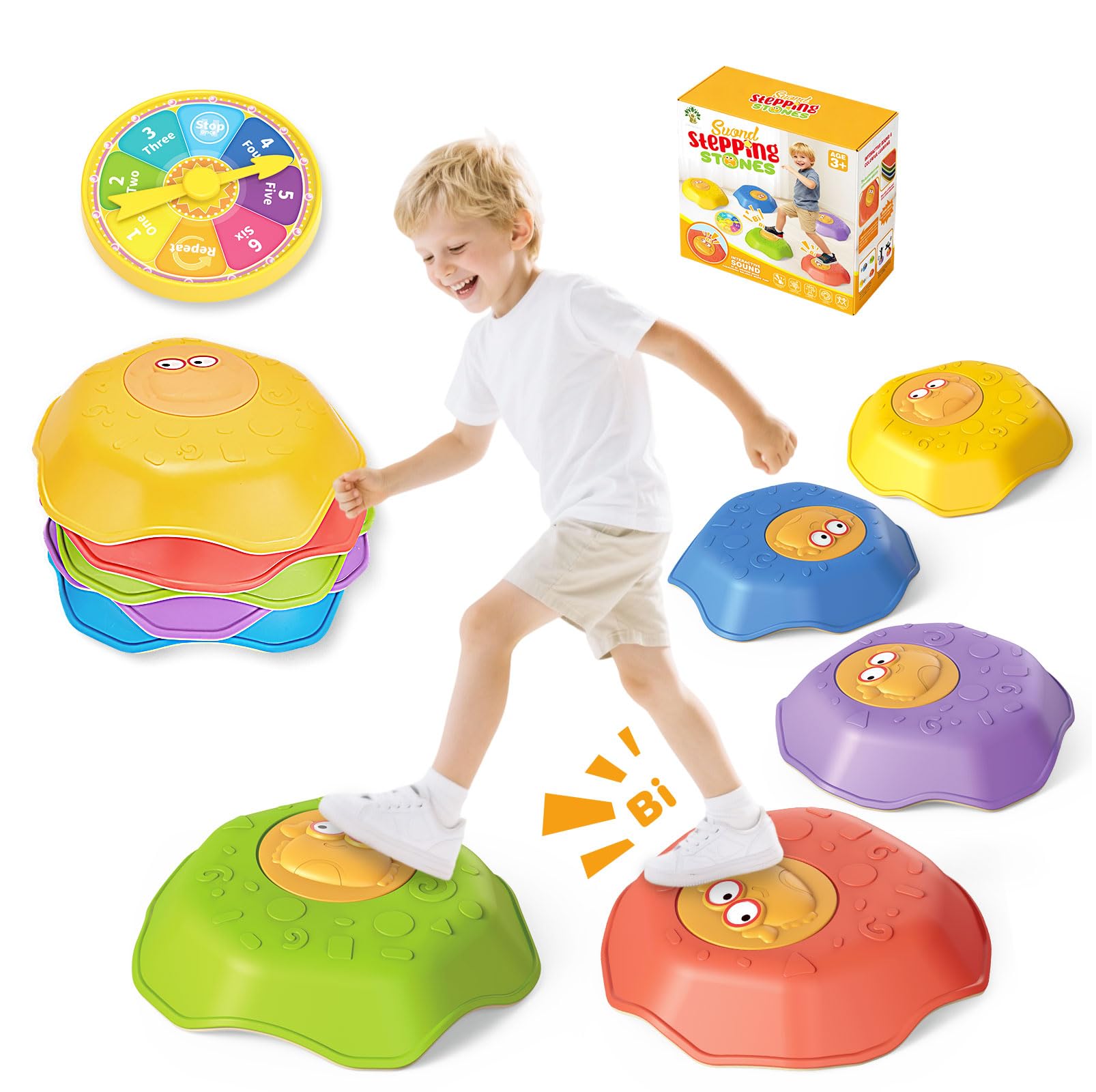 Stapelsteine Rutschfeste Kinder mit Krabbenmotiv und Zahlen-Drehscheibe – Sensorische Balanciersteine mit Soundeffekt für Indoor & Outdoor – Mit Hüpfpolster und Anti-Rutsch-Bodenstreifen