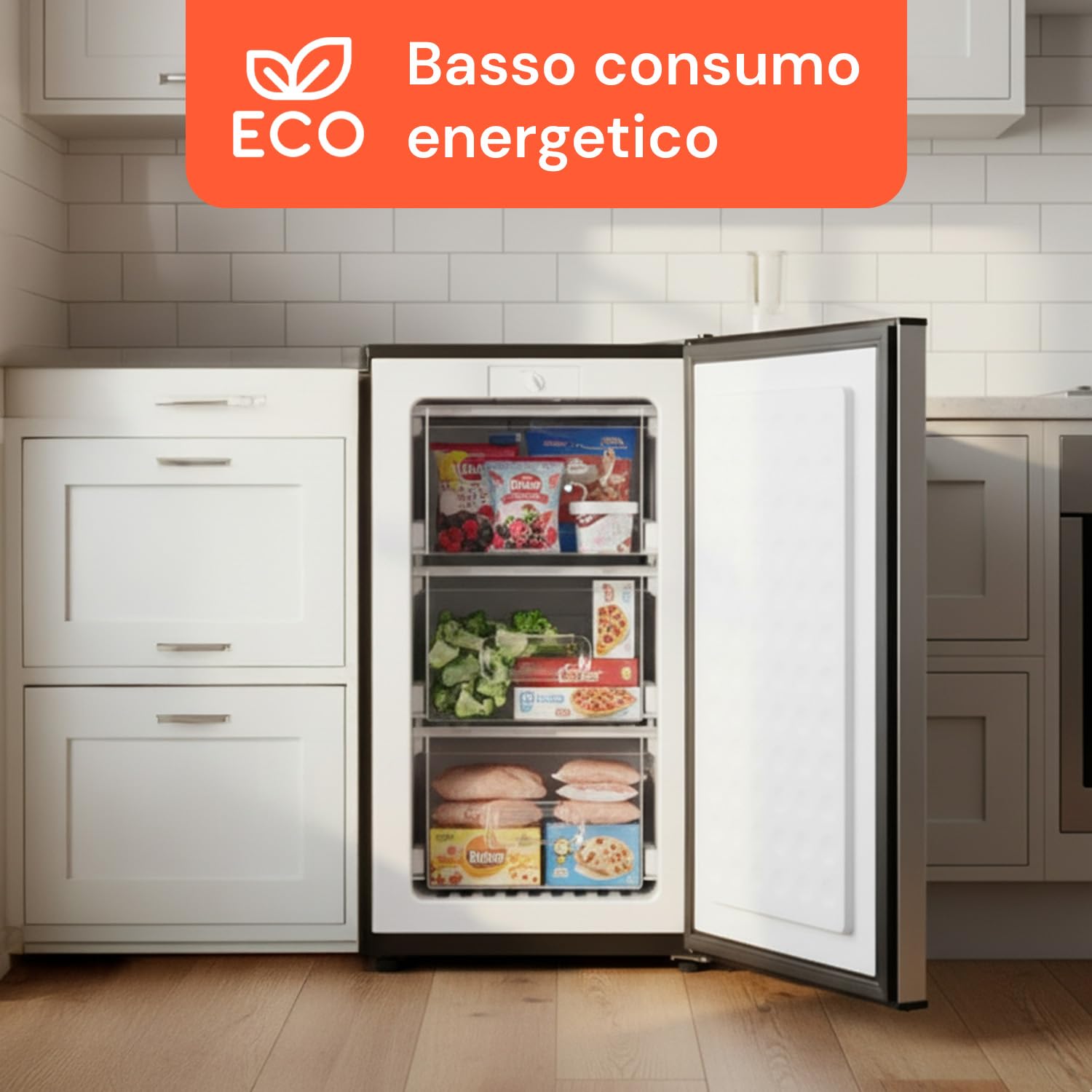 Avilia - Congelatore a Cassetti 80L con 3 Scomparti Estraibili e Porta Silver Elegante, Struttura Compatta da 47x44,5x83,5 cm, Facile da Posizionare e Perfetto come Congelatore Verticale