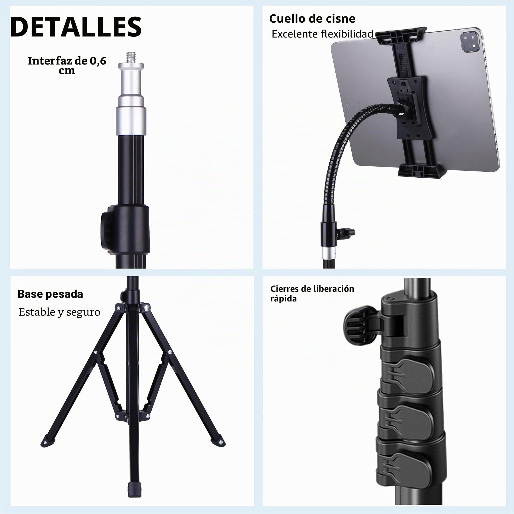 Trípode para iPad y teléfono de 73 pulgadas, cuello de cisne, soporte de suelo con control remoto para tabletas de 3.5 a 15 pulgadas, iPhone, iPad Pro Air Mini 12.9 11 10.5, Galaxy Tab S9