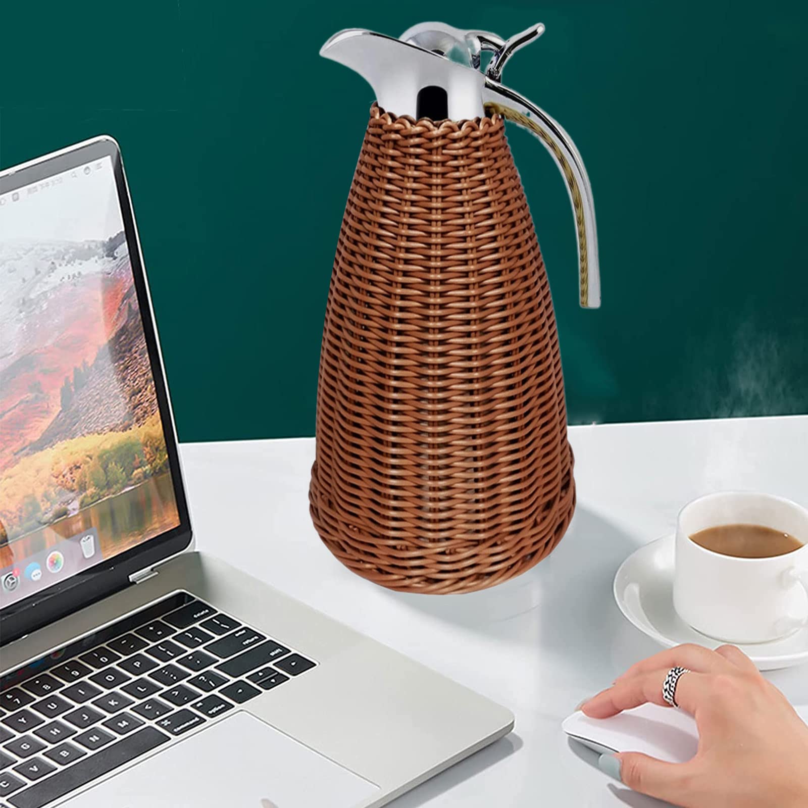 Termiczna karafka do kawy ze stali nierdzewnej, pleciony korpus z rattanu, 51 oz/1,5 l/6,5 filiżanki, izolowana karafka do kawy, 12 godzin