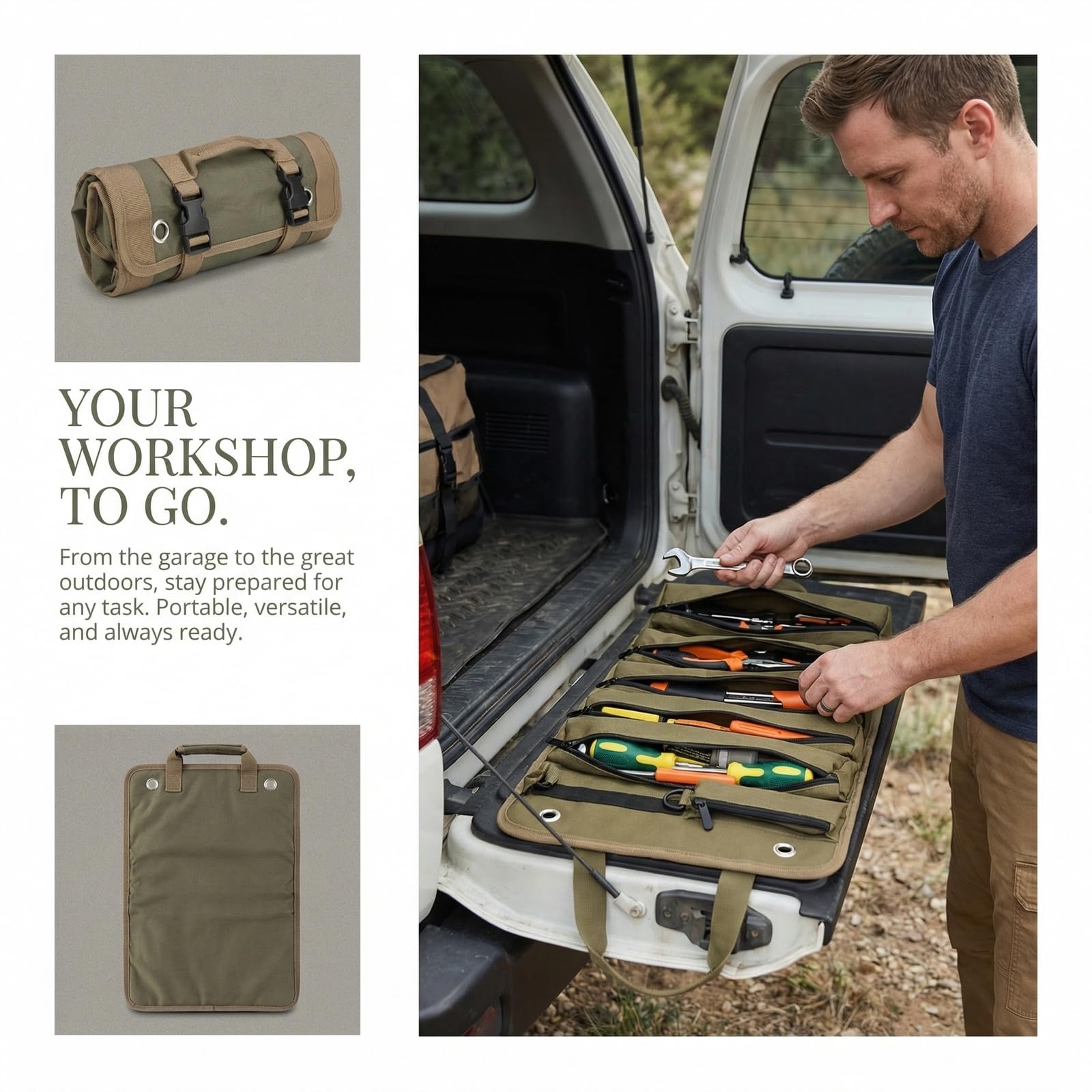 Bolsa de herramientas enrollable de tela Oxford 900D, rollo de herramientas portátil con 6 compartimentos con cremallera, organizador de herramientas para electricistas, artesanos, camping y