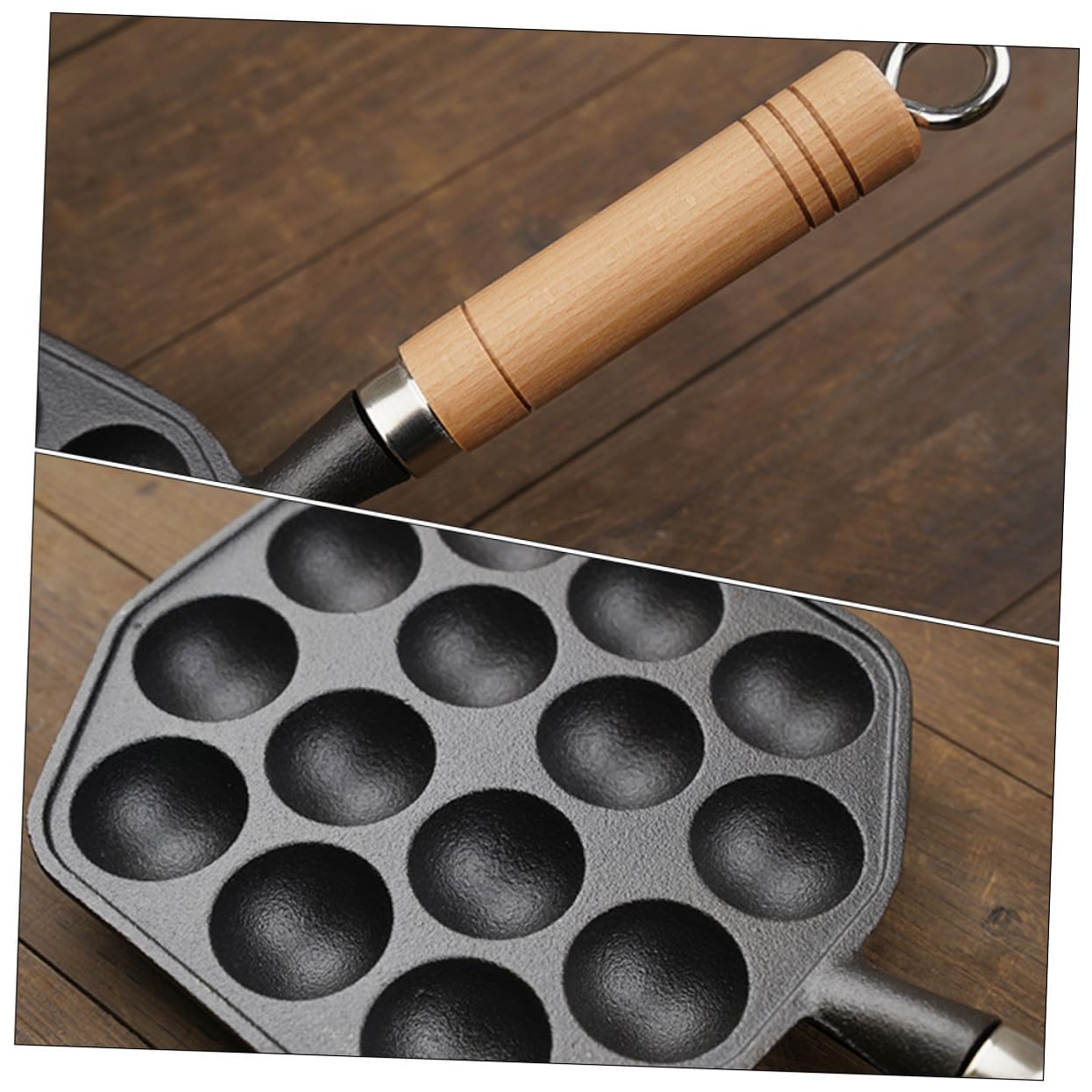 Padella in Ghisa 14 Fori, Manico in Legno, Bordo Liscio e Superficie Antiaderente per Polpette e Snack in Cucina