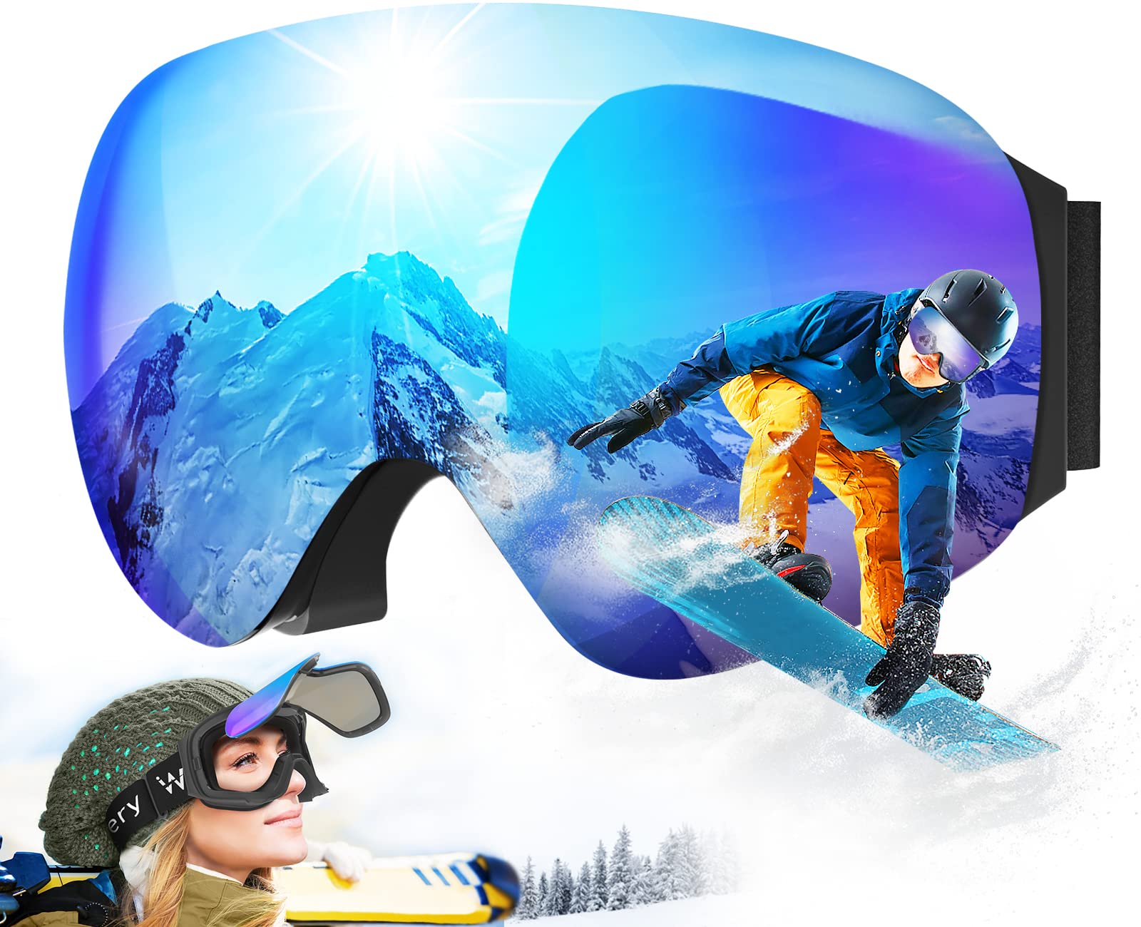 Woddtery 'Flip-Up' Ski Goggles, Fog-free OTG Snowboard with Magnetic, Snow Goggles for Men Women & Youth-UV400 Protection