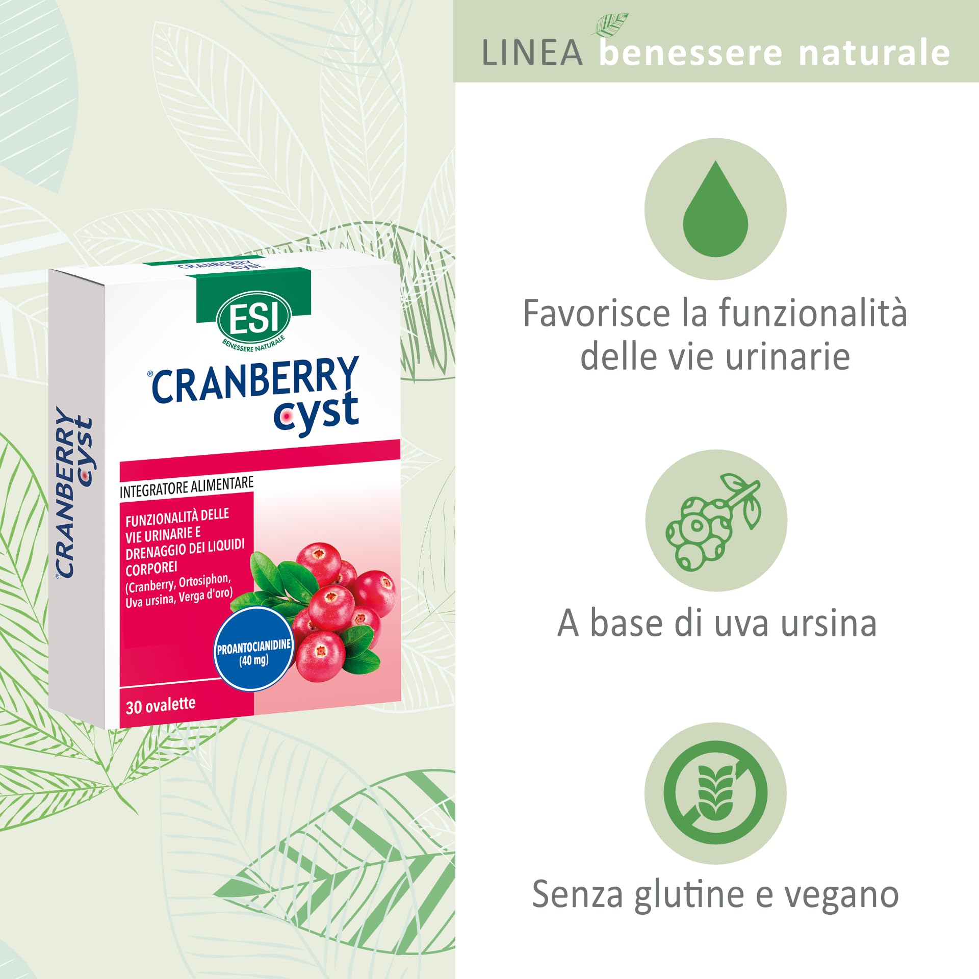ESI - Cranberry Cyst, Integratore Alimentare con Uva Ursina, Utile per la Funzionalità delle Vie Urinarie e il Drenaggio dei Liquidi Corporei, Senza Glutine e Vegano, 30 Ovalette