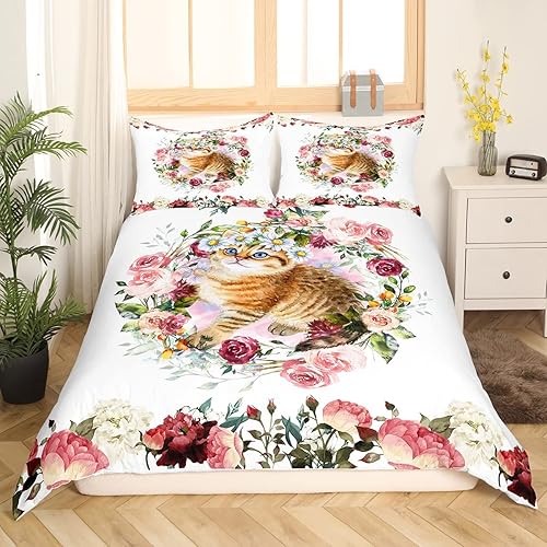 Miniatura 3 de Erosebridal Juego de funda de edredón con diseño de gato y gatito tamaño individual, funda de edredón con temática de animales, juegos de cama