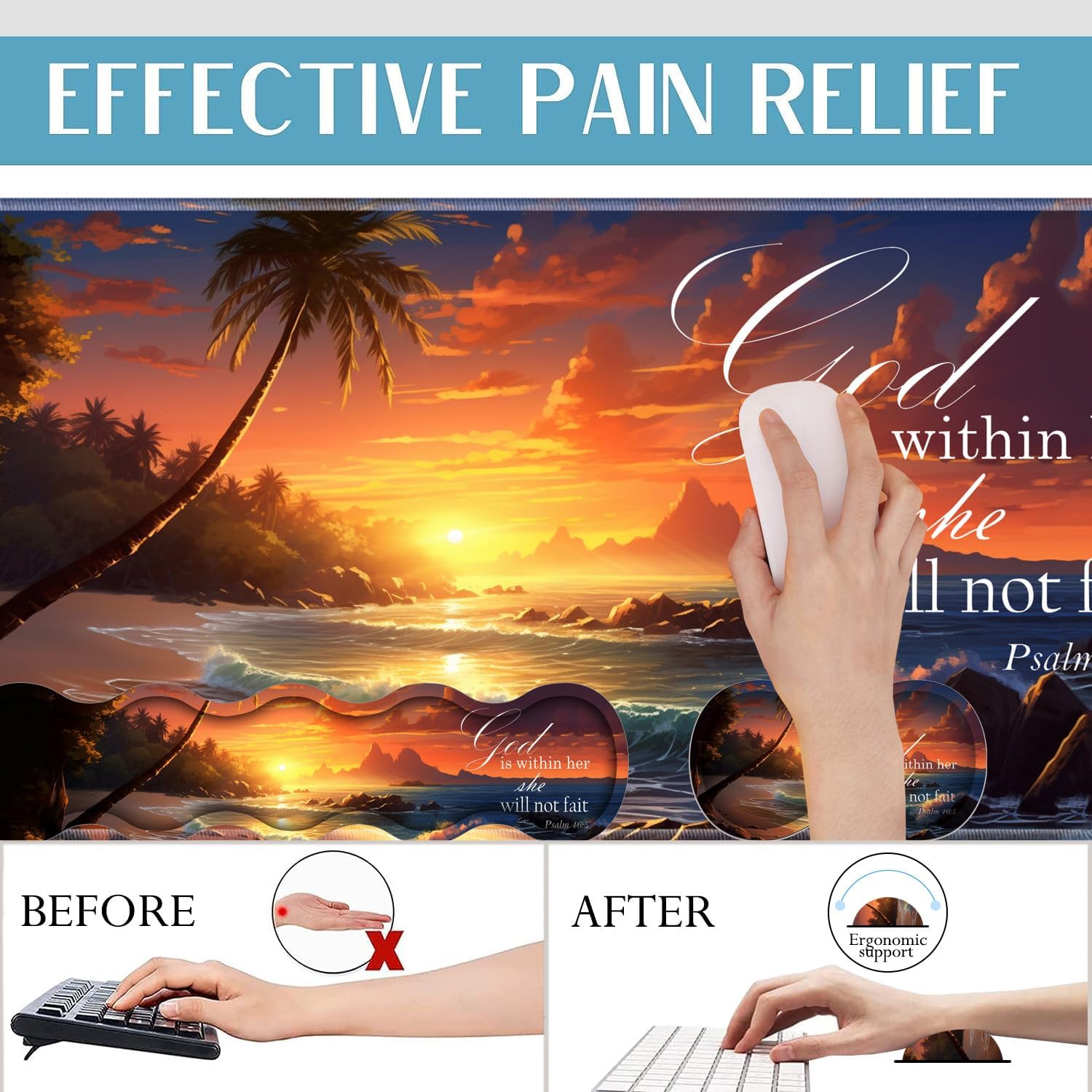 4 in 1 Mouse Pad Combo, Large Gaming Mouse Pad + Keyboard Wrist Support + Mouse Wrist Rest + Coaster, Table Pad with Stitched Edge Ergonomic Wrist Pad Set, Twilight Beach Bible 46:5