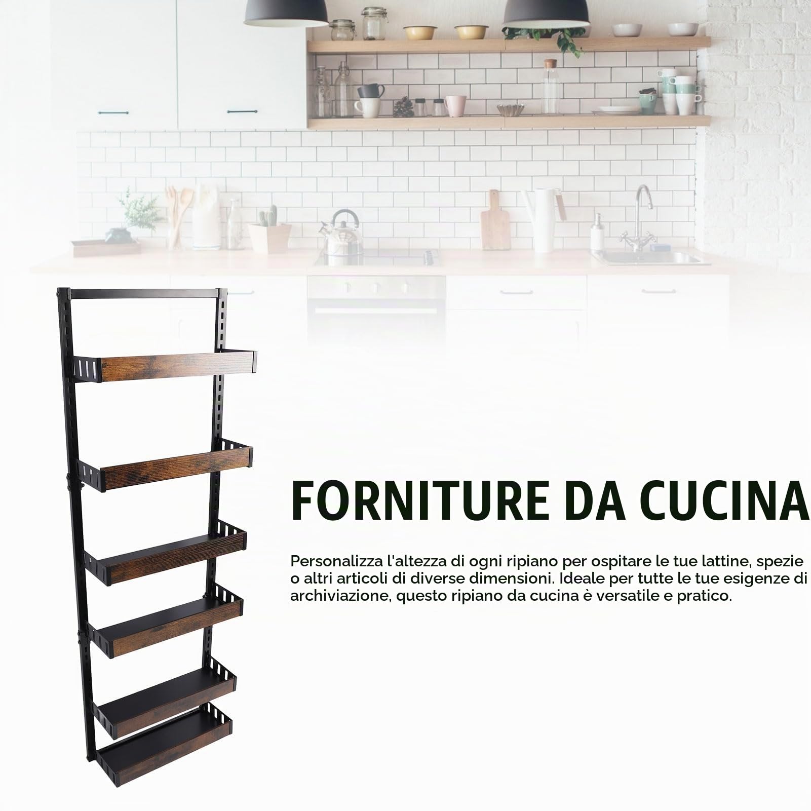 Ejoyous Portaspezie da Parete a 6 Livelli, Organizer Sospeso in Acciaio al Carbonio, Altezza Regolabile, Finto Legno, per Bagno, Dispensa