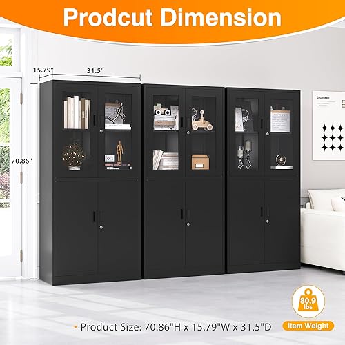 Miniatura 3 de LISSIMO Gabinete de almacenamiento de metal con puertas de cristal, gabinete de oficina con cerradura, gabinete de acero de 71 pulgadas de alto con