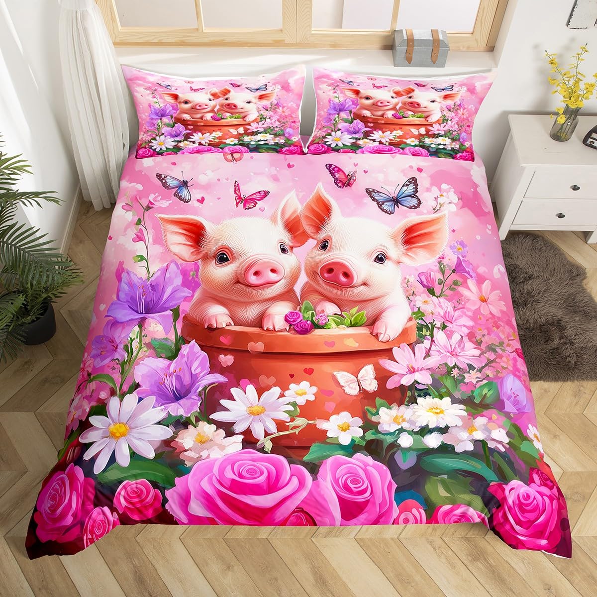 Niedliches Pärchen-Schweine-Bettbezug-Set, volle Größe, Rosen, Gänseblümchen, Valentinstag, romantisches Bettwäsche-Set, Mädchen und Frauen, Raumdekoration, Cartoon-Tier, rustikaler Bettbezug, rosa