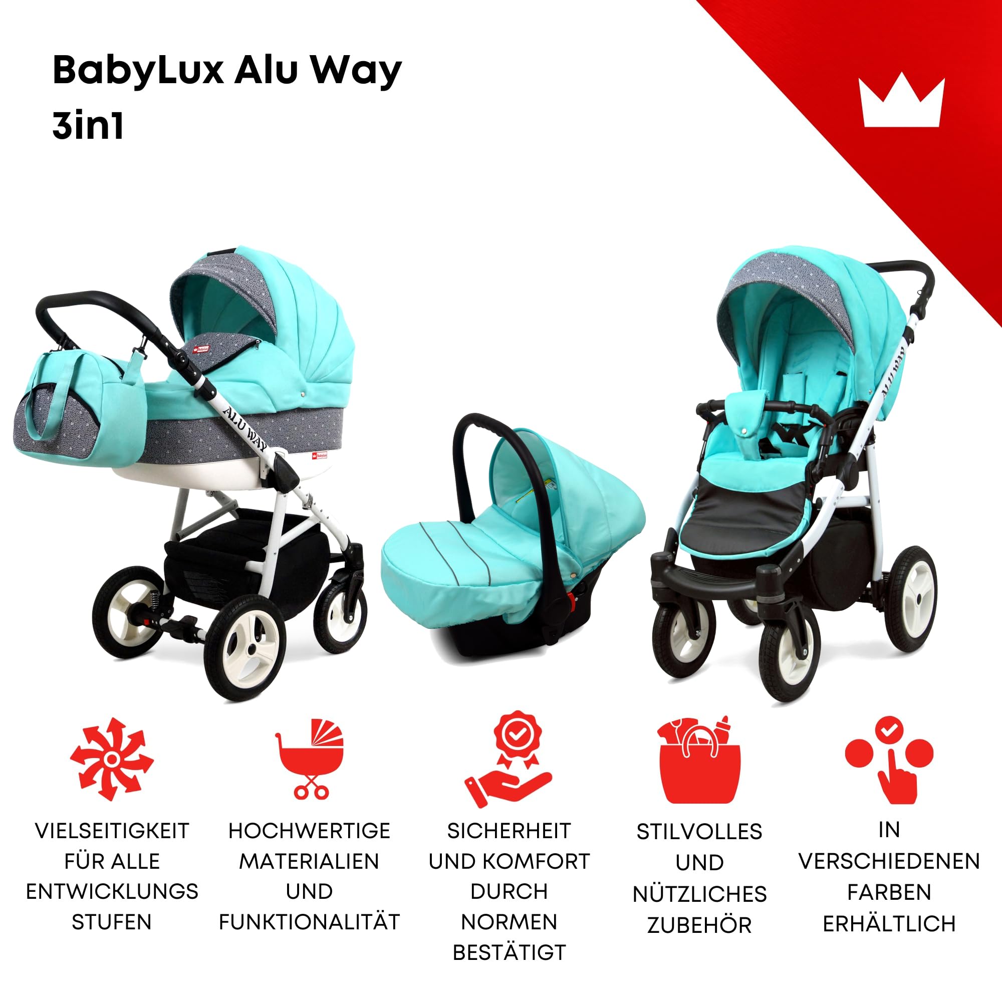BabyLux® Zestaw wózków dziecięcych 3 w 1 – Alu Way – w zestawie wanienka dla niemowląt, fotelik sportowy, fotelik samochodowy – zestaw wózków dziecięcych z torbą do przewijania, osłoną