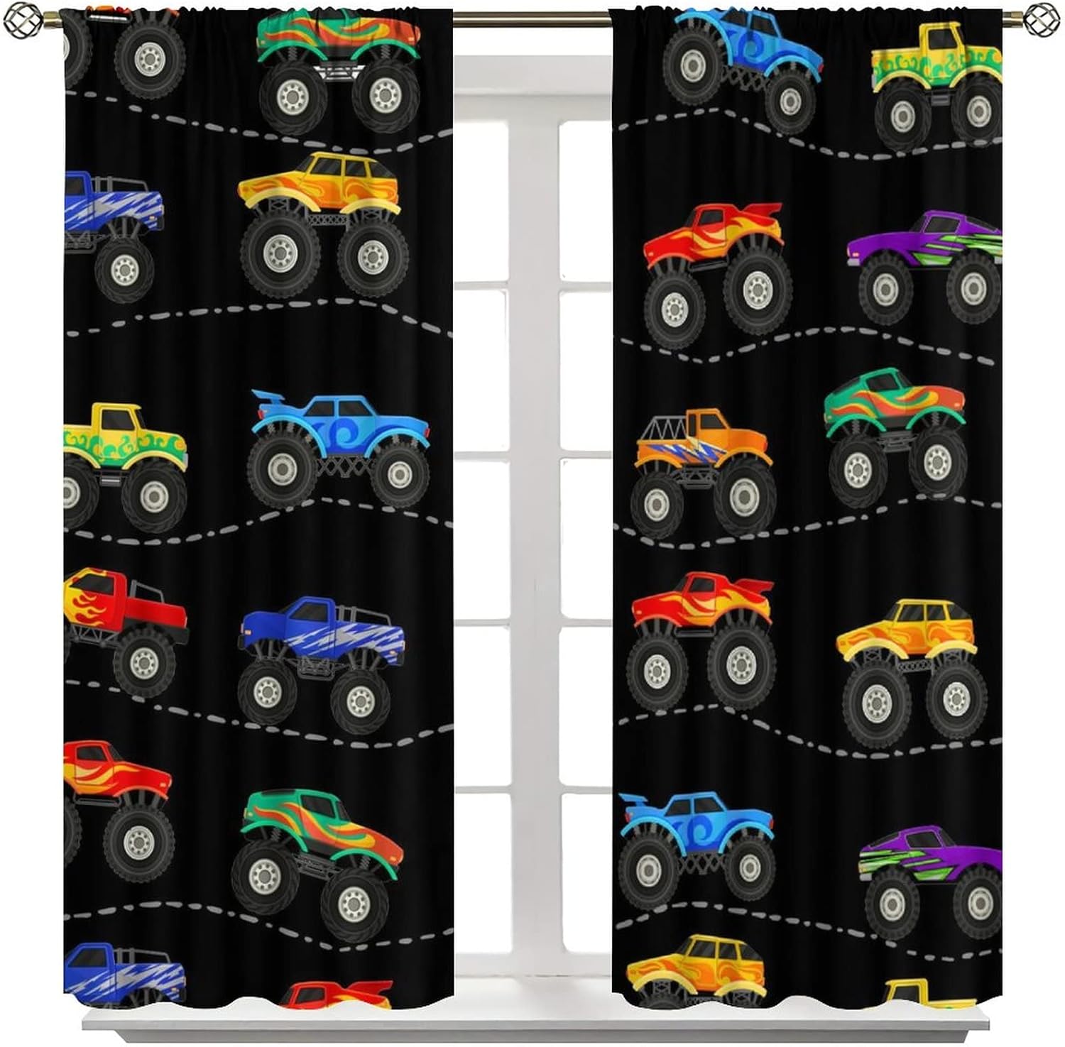 Kids Monster Truck Blackout Curtains - Colorful Rainbow Cartoon Monster Truck Rod Pocket Window Drapes Set Energy Saving Thermal Insulated Drapes for Living Room Nursery,2 Panels 63L x 21W