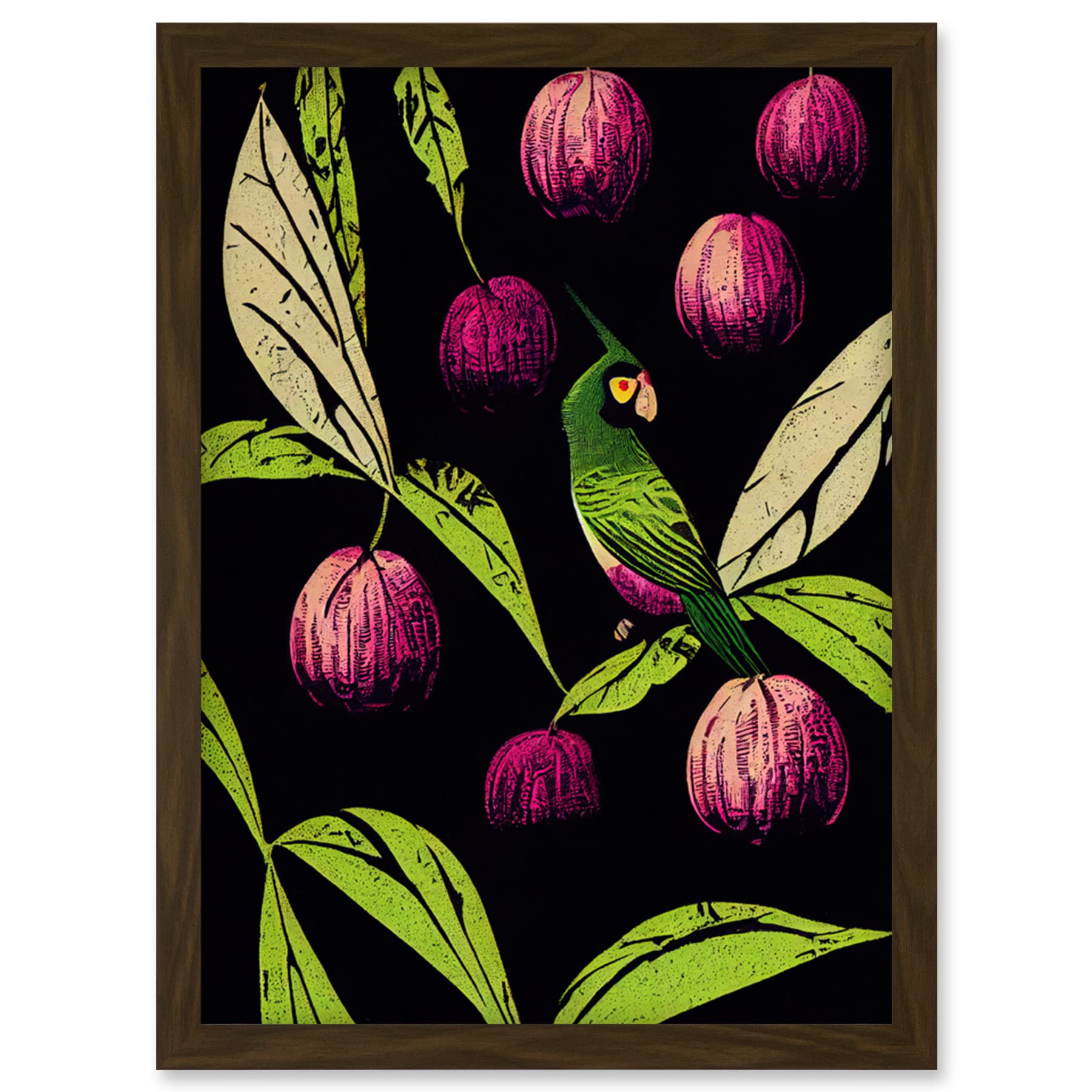 Wee Blue Coo Parrot in Tree Fruit Bright Green and Purple Black Colour Linocut Illustration Modern Vintage Artwork Framed Wall Art Print A4