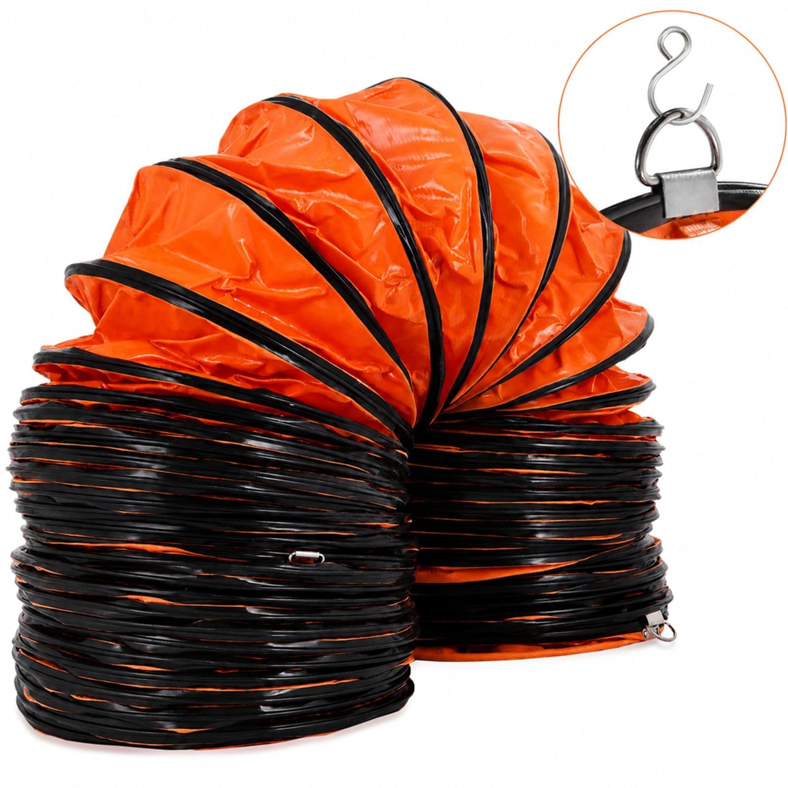 Gaine de ventilation flexible en PVC orange avec anneaux noirs pour extracteur d air et atelier