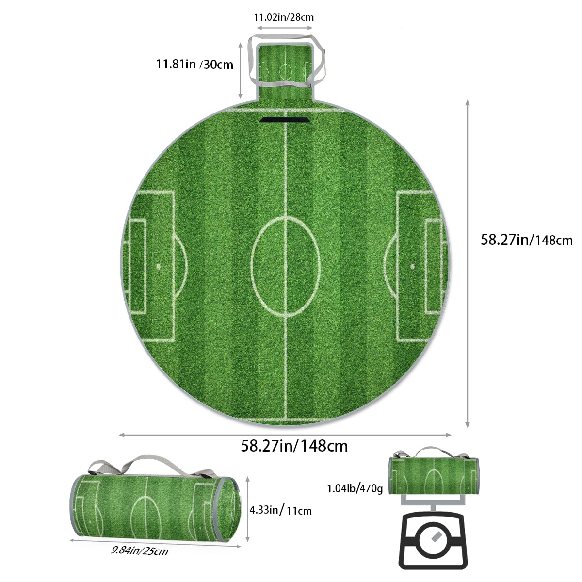 Shimoshe Soccer Field Picnic Outdoor Blanket Foldable Waterproof Sandproof Beach Blanket Portable Water-Resistant Round Picnic Mat for Travel Camping Park Lawn
