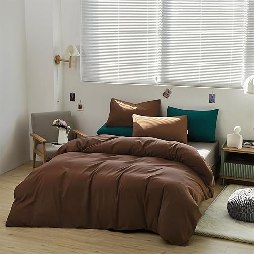 Miniatura 7 de KAREVER Juego de edredón de color marrón castaño, juego de ropa de cama de 3 piezas de color marrón sólido para todas las estaciones, juego de