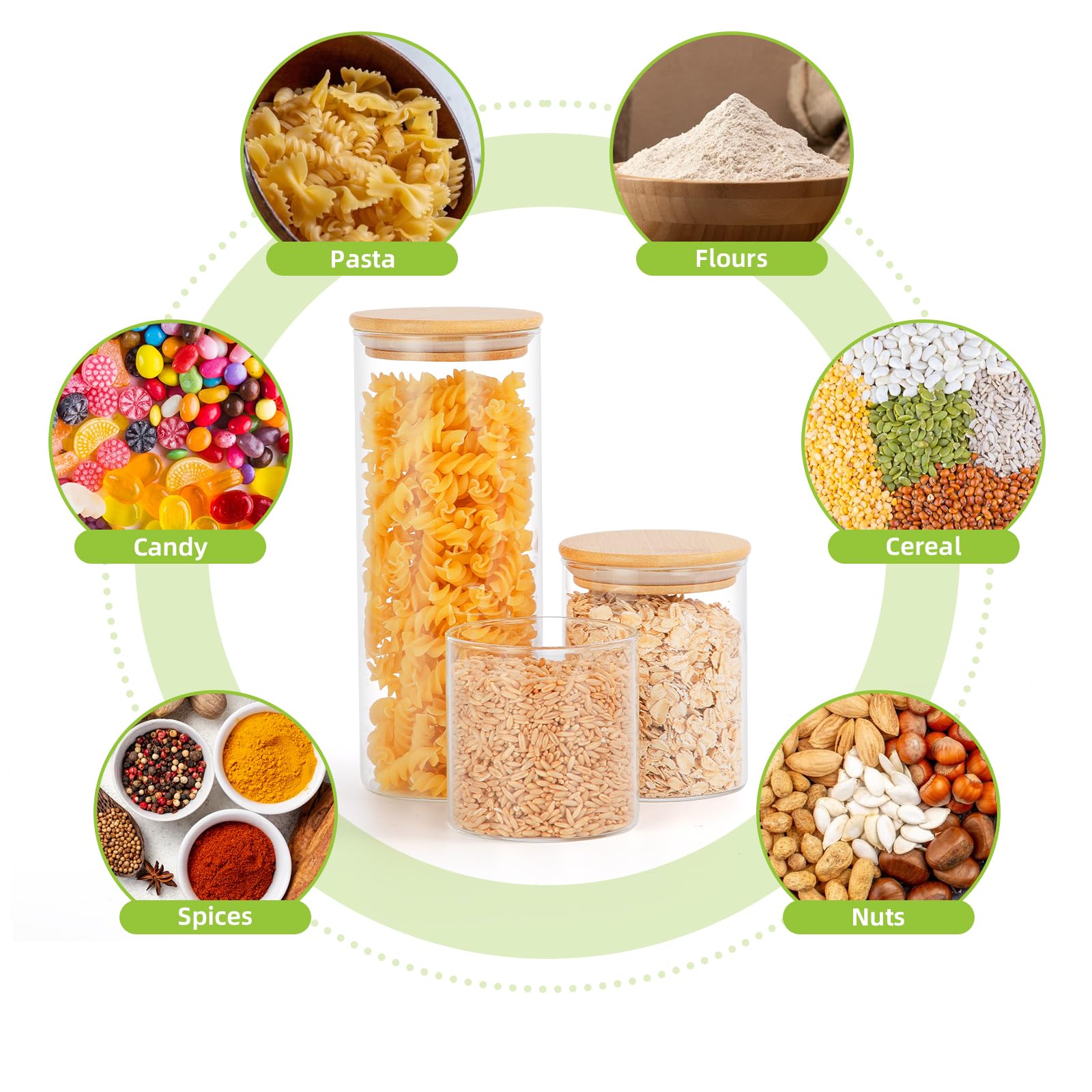 FoiiLiio Barattoli Vetro con Coperchio,Set di 9 barattoli Vetro,barattoli Ermetici con Coperchio,300ml/800ml Barattolis Cucina in Bambù,Vasetti per Cereali Pasta