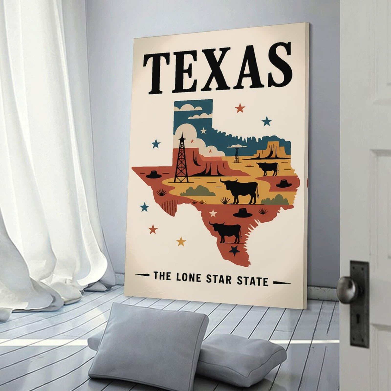 Junmoney Texas The Lone Star State Illustration Home Decor Wall Art, 24x36inch(60x90cm), for Living Room, Bedroom Or Home Office, Home Decor Gift with Stylish Appeal