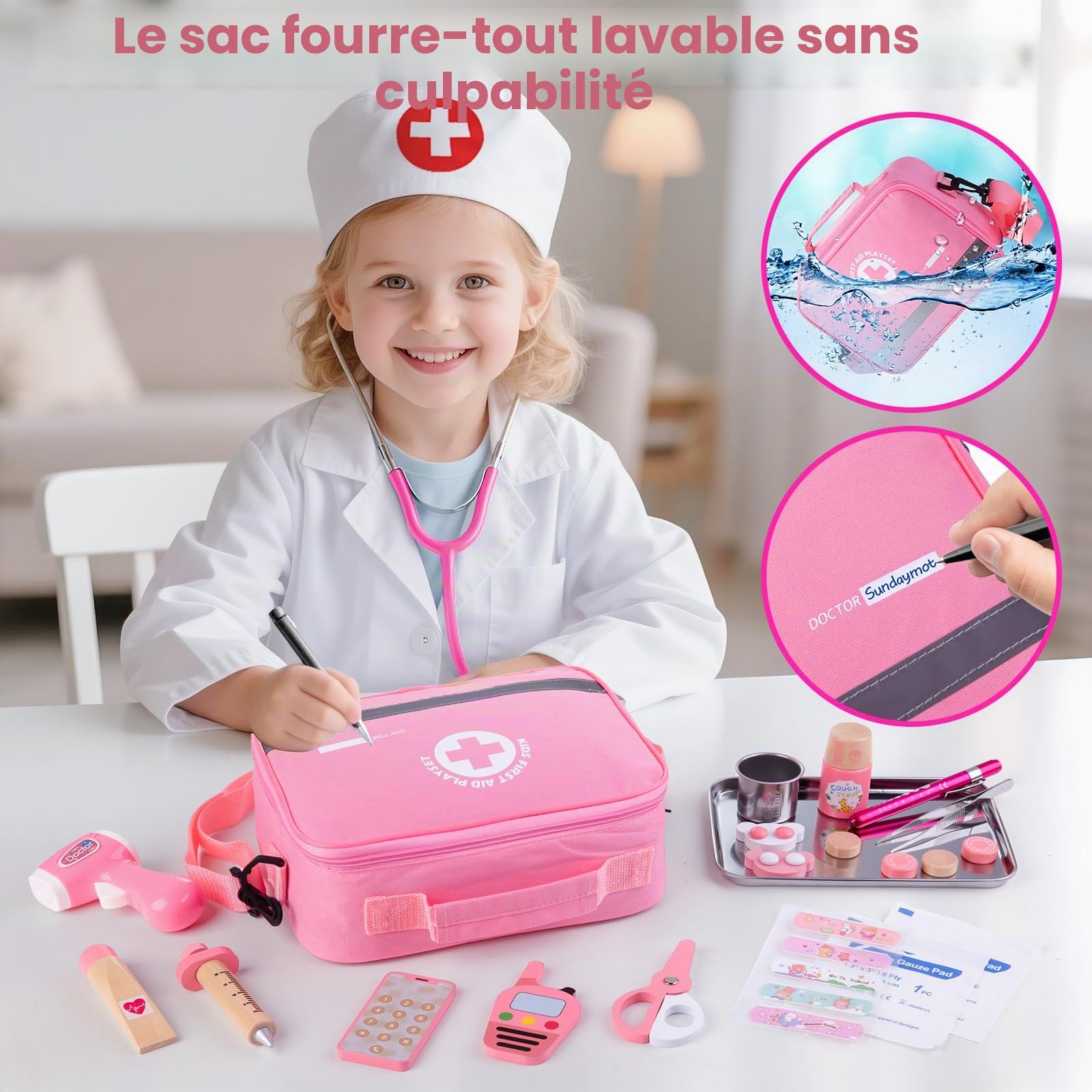 Sundaymot Kit Médical Enfant avec Stéthoscope, Thermomètre, Seringue, Accessoires Réalistes & Sac de Médecin, Jouet d'Imitation pour Enfants 3 Ans