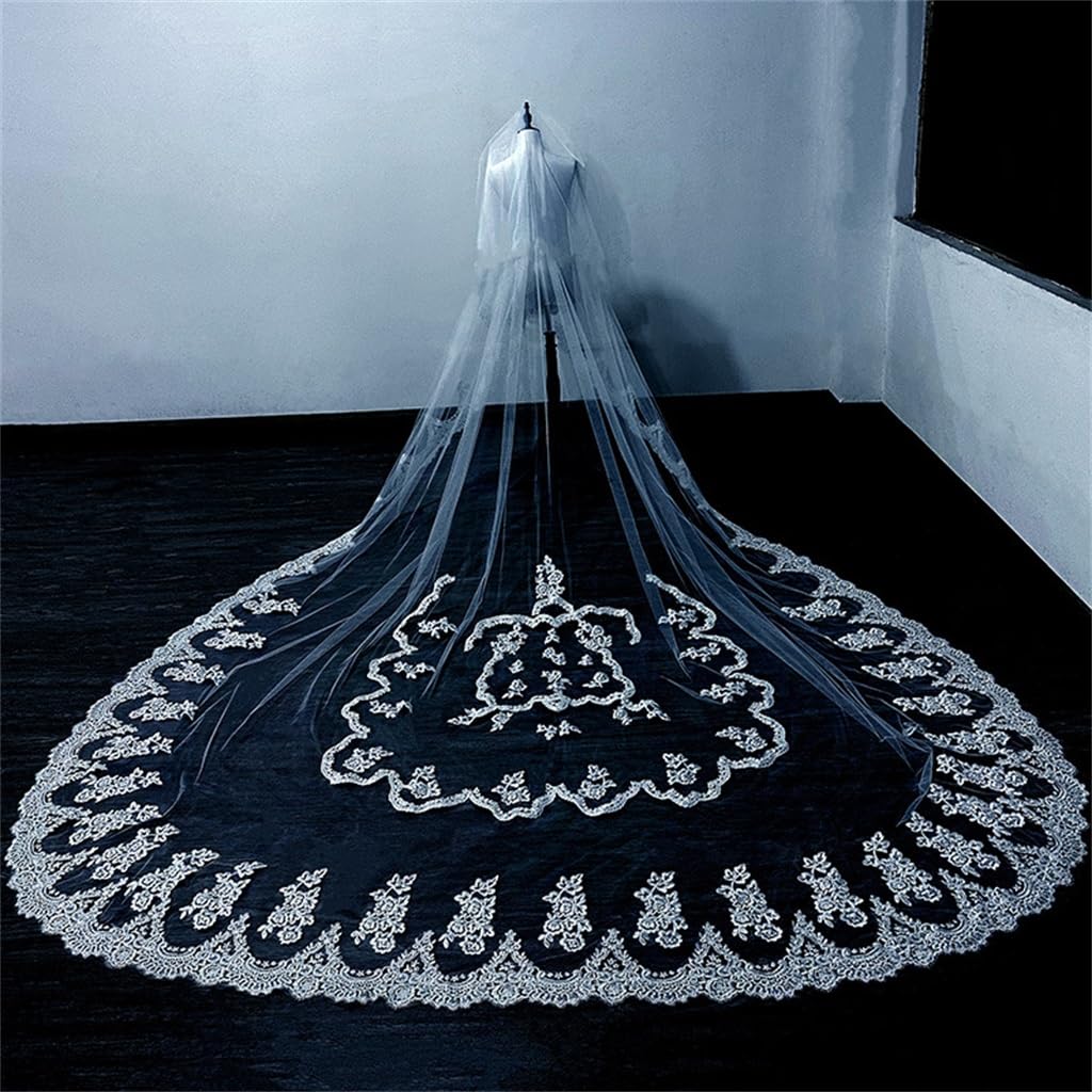 Stile Europeo di Copertura del Velo da Sposa con Coda Lunga in Pizzo e Accessori per Copricapo