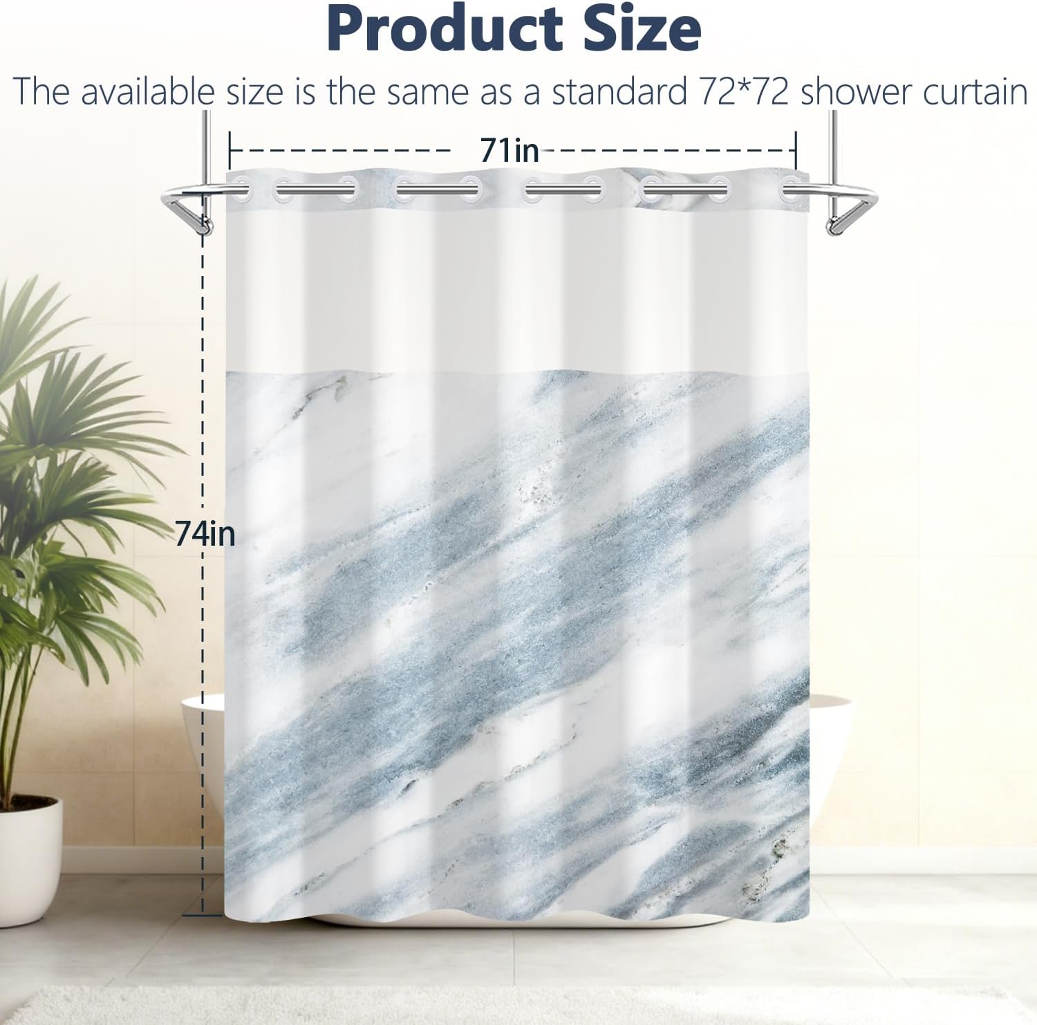 Light Blue Marble Shower Curtain with Snap in Liner, Modern Abstract Hotel Bathroom Curtains, Waterproof Double Layers No Hook Fabric Shower Curtain with Top Mesh Window, Weighted Hem, 71x74 Inch
