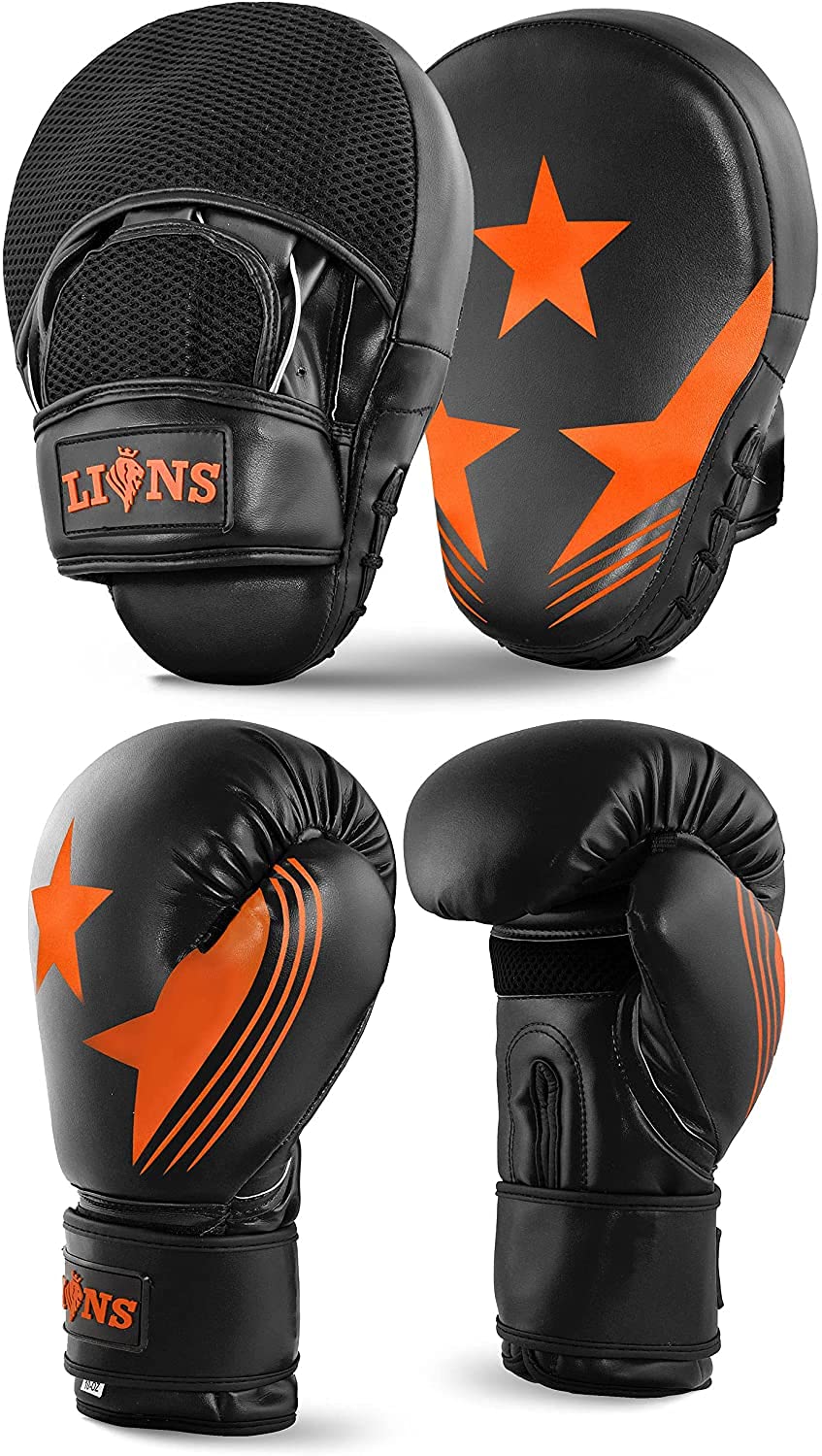 Lions Star Boxing Gloves and Pads Set For Men Women, Pair of Boxing Gloves with Hook and Jabs Mitts Focus Pads, Punching Sets Ideal for Punch Bag MMA Martial Arts