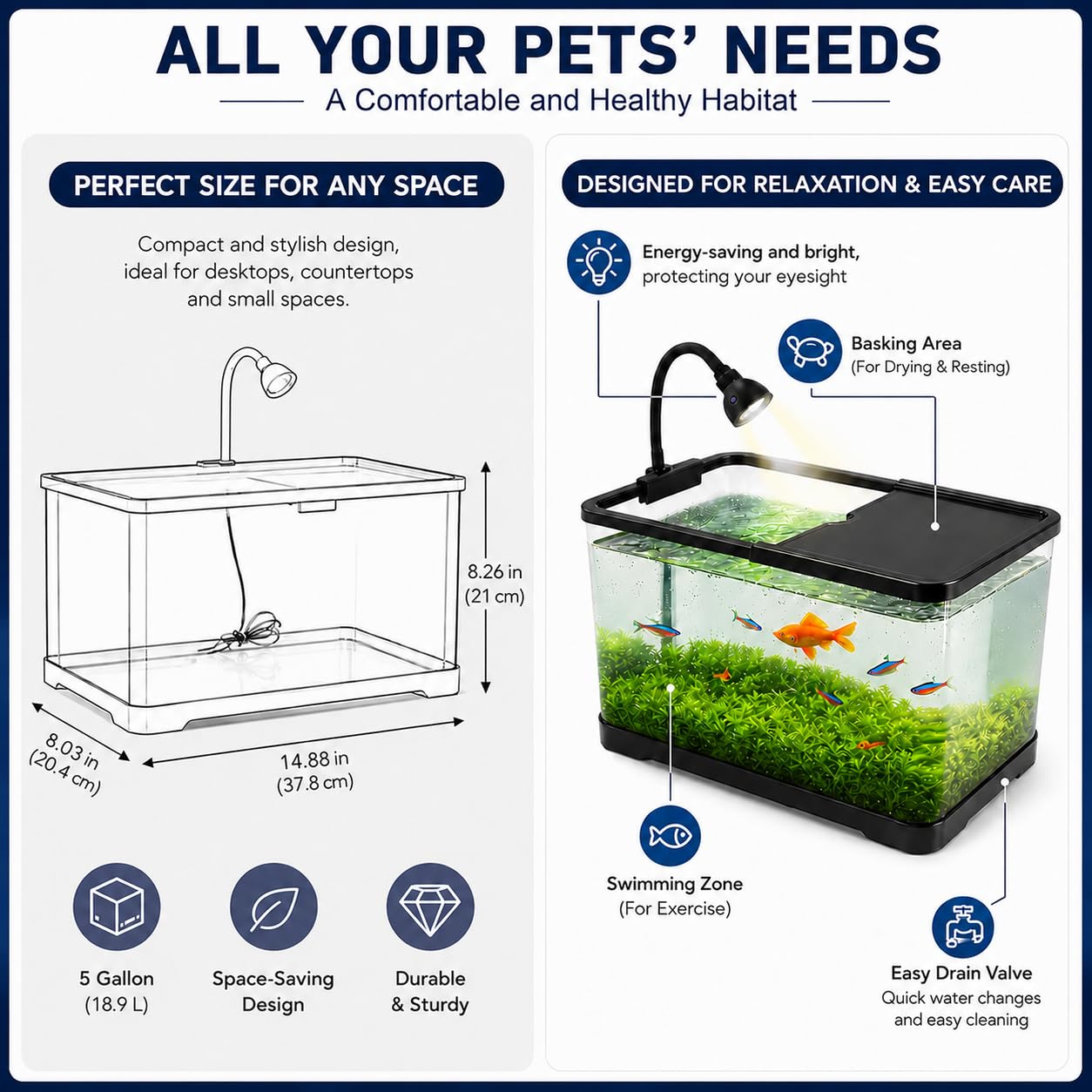 Kit de iniciación de pecera de 5 galones con bomba de aire de red ligera para plantas acuáticas y guijarros, pecera pequeña Betta para camarones, Guppy y Tetra de neón, acuario de escritorio