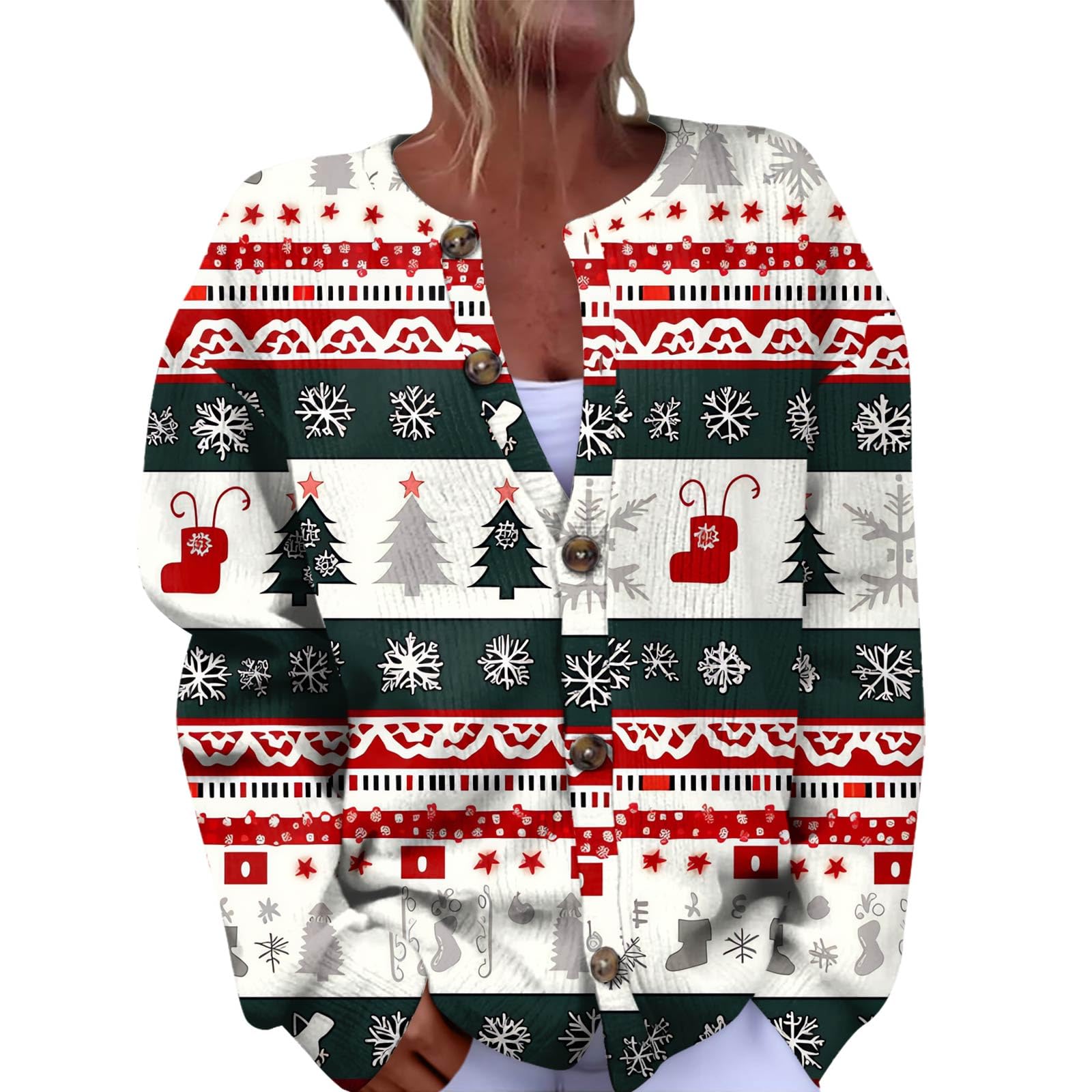 Women Christmas Sweater Holiday Long Sleeve Reindeer Open Front New Years Sweater Cardigan