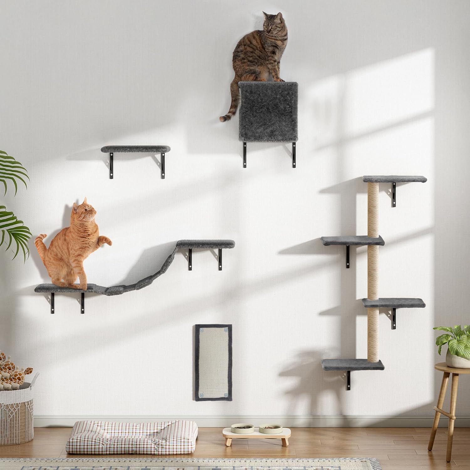 5 pezzi di mobili a muro multipiano per interni con tiragraffi, appartamento per gatti, posatoi, ponte per gatti, grigio